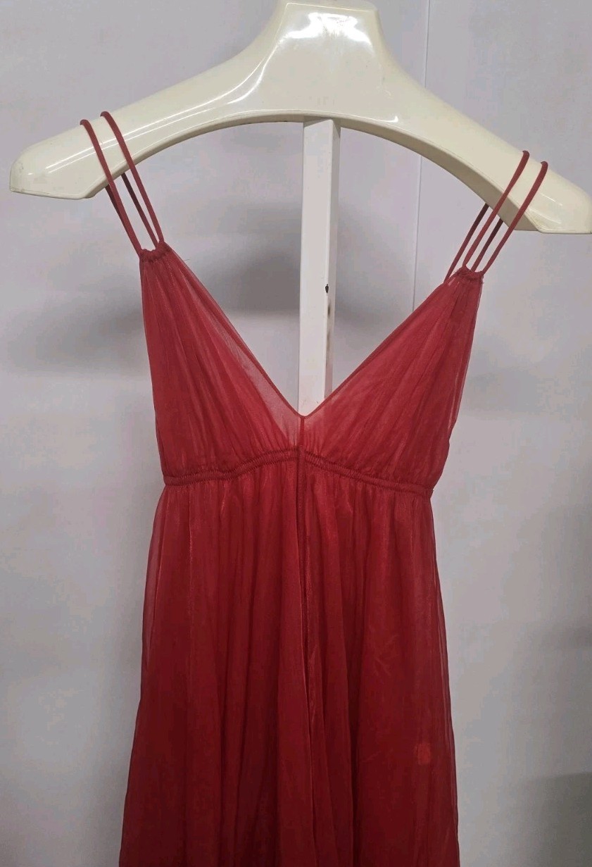 Intimé California Red Chiffon Nightgown Full Length, Double Layer Sheer Boudoir