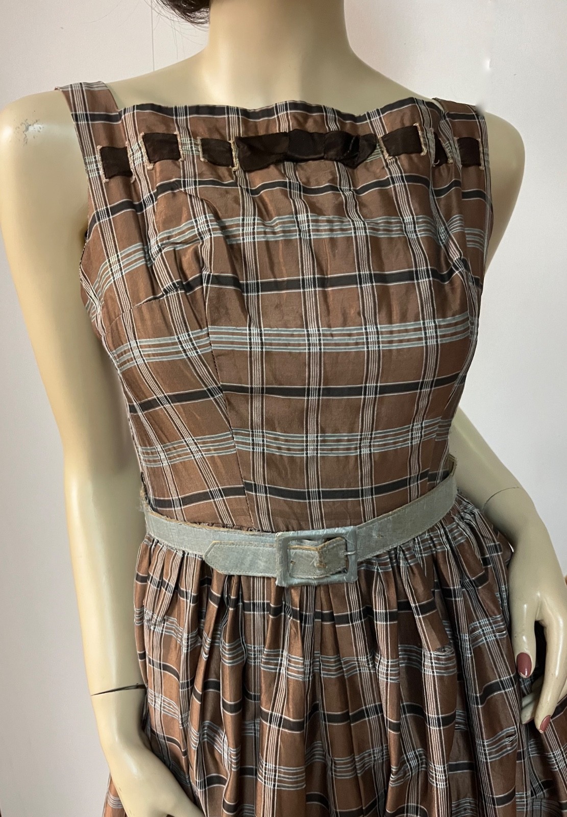 Vintage 1950&rsquo;s Plaid Ribbon Neckline Crinoline Cocktail Party Dress Bust 33.5