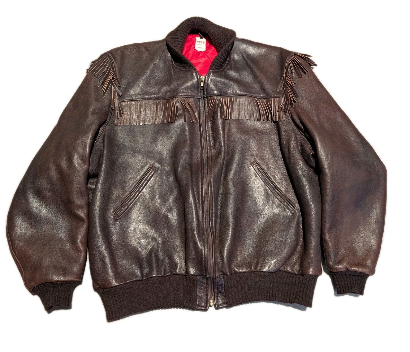 Vtg UBER Fringed Genuine Leather Bomber Jacket Minnesota USA XL 2XL Quilt Lined