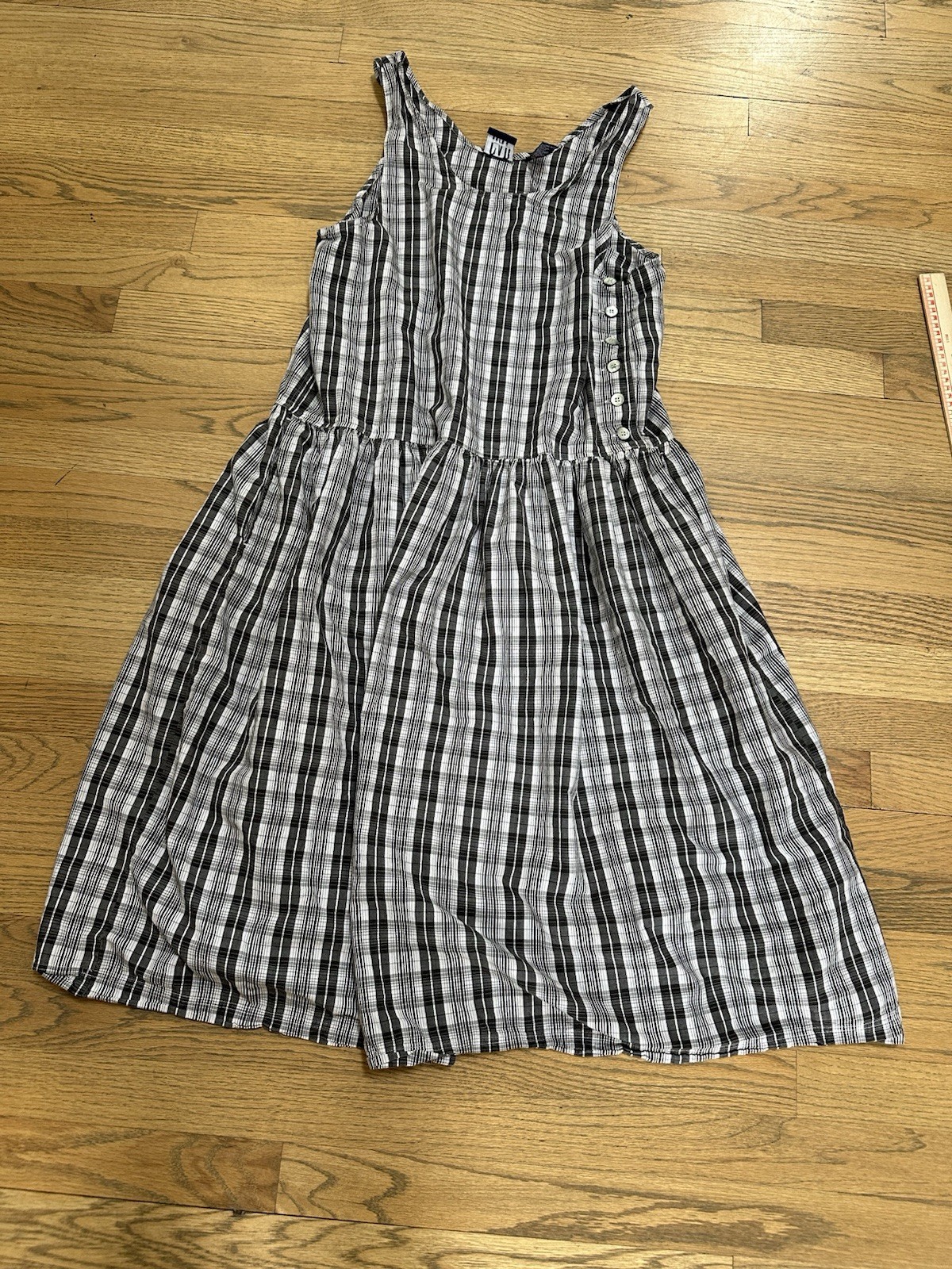 Vintage 90s Cottage Core Black Checked Drop Waist Dress Women’s Medium