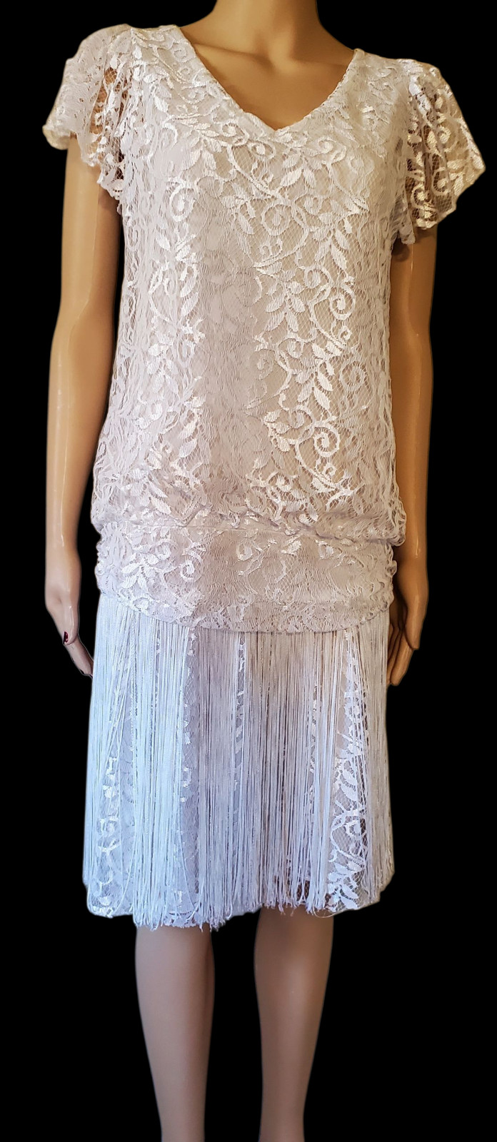 🍸VTG 80s Deco Revival Roaring 20s Flapper Shimmer Lace Fringe Drop Waist Dress
