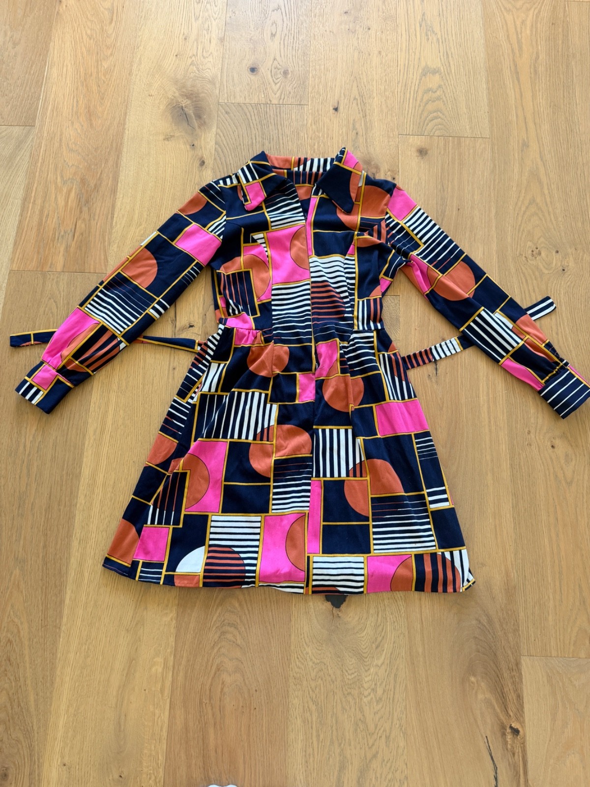 Vintage 1960S 1970S A-Line Mod Geometric Psychedelic Dress Front Zip Belted