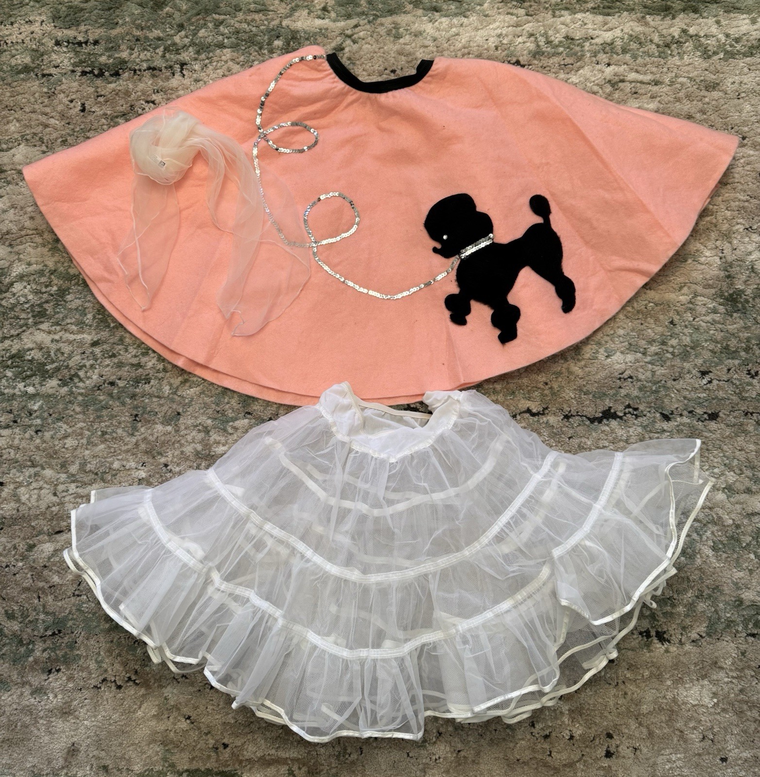 Handmade Pink Felt Poodle Skirt + Crinoline Tiered Underskirt + Scarf Halloween!