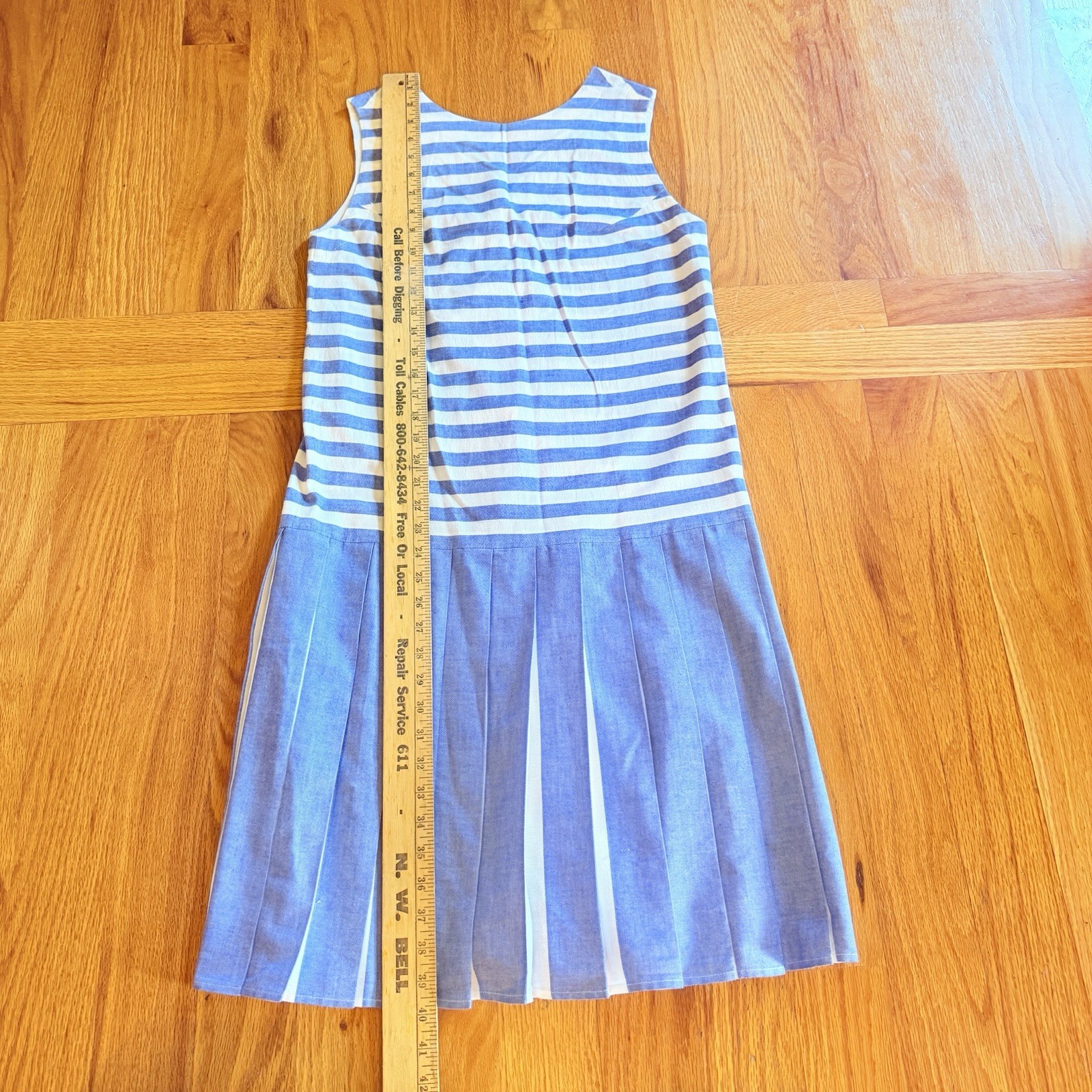 Vintage Blue Stripe Chambray Drop Waist Dress Small Retro Flapper Coastal Preppy
