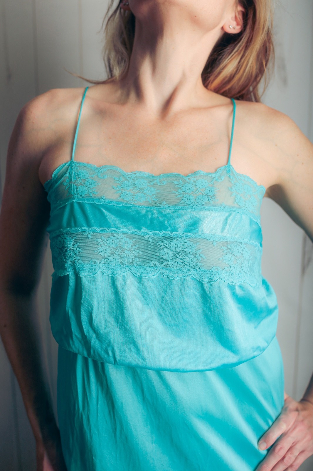 Flair Lingerie Vintage Retro Glam 80s Satin Sheer Lace Peignoir Slip M Aqua Blue