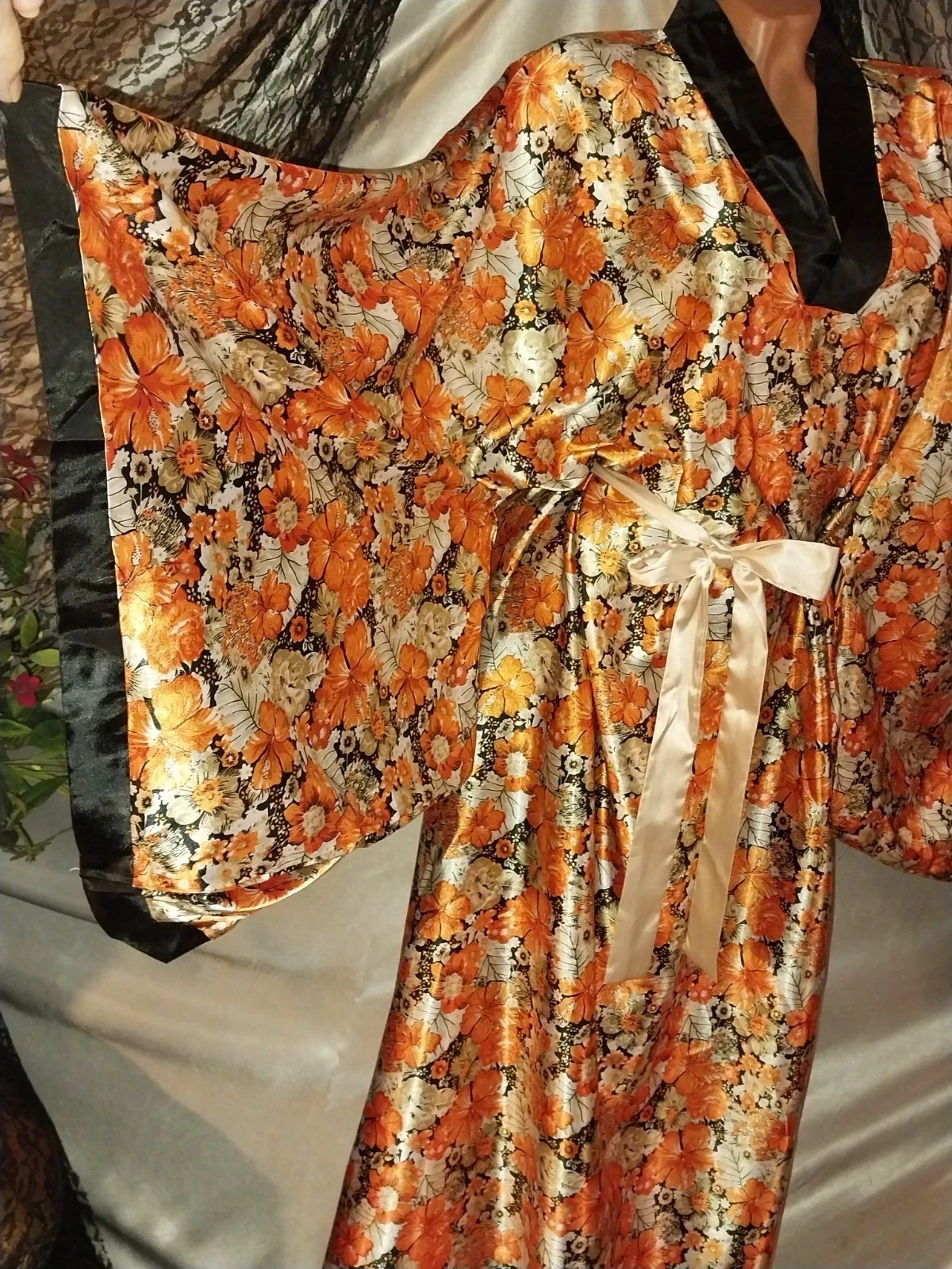 Vtg CAFTAN KIMONO SILVER ORANGE FLORAL LIQUID BALLON MAXI LONG DRESS GOWN 46 48