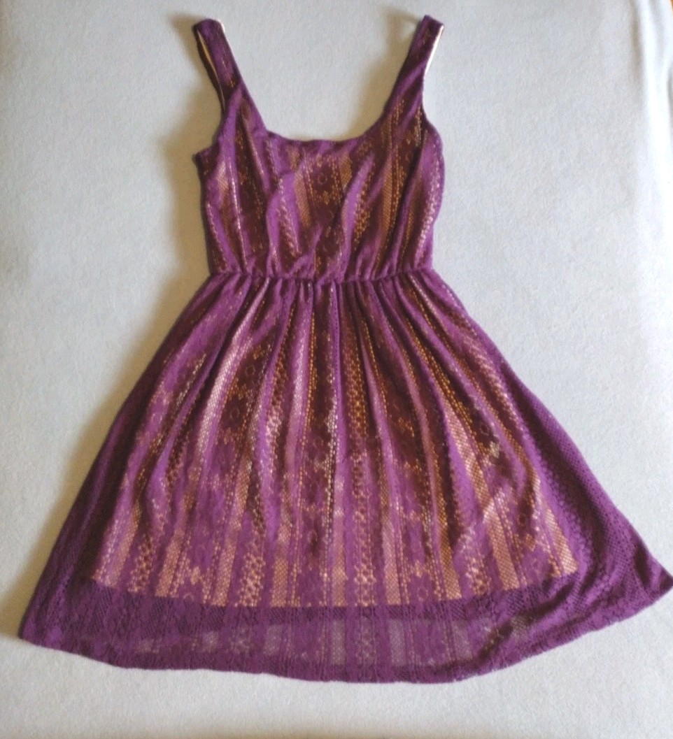 EUC Y2K Sequin Hearts Purple Lined Crochet Lace Stretch Dress Jr Sz M #CL