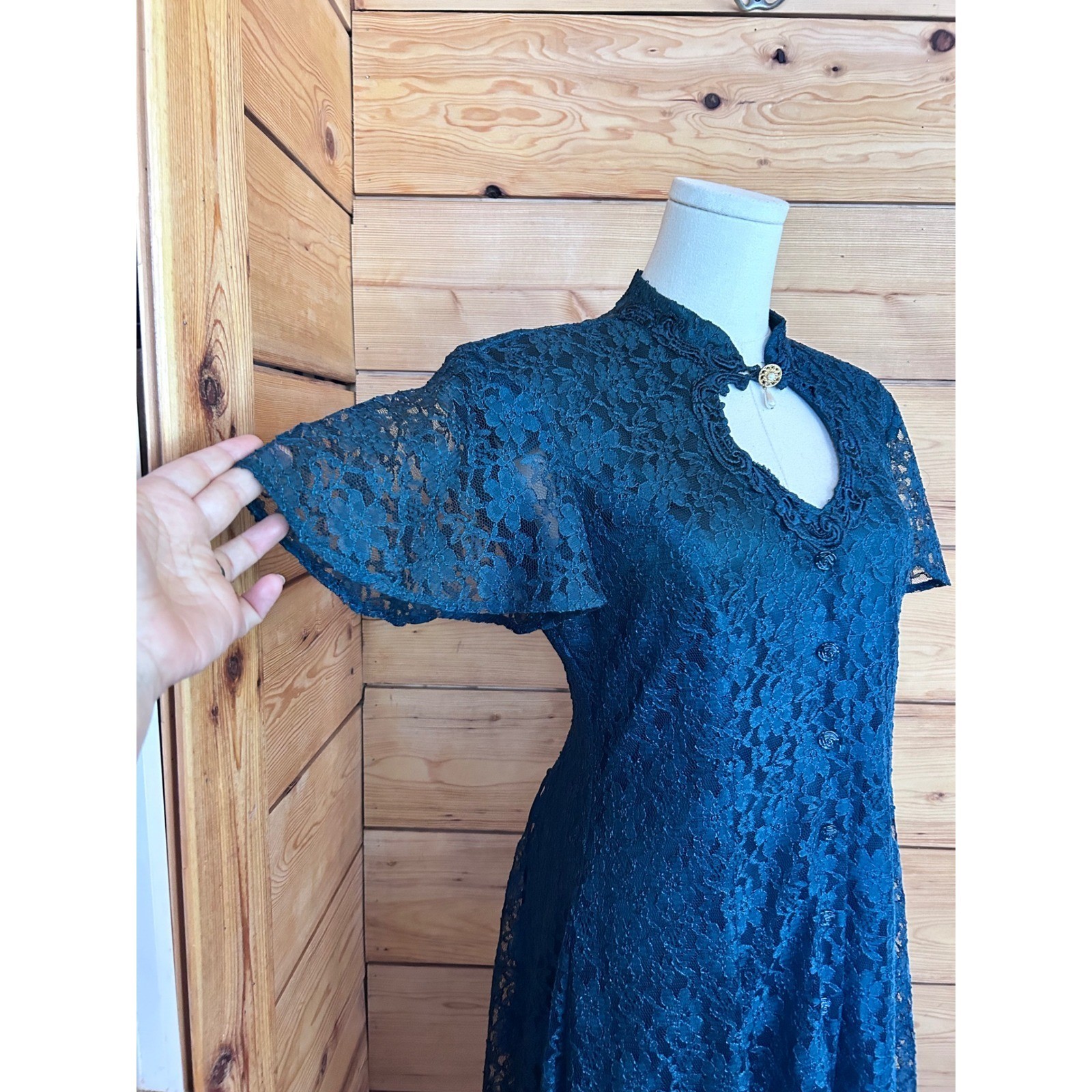 Vintage Lace Midi Dress Women Large Teal Blue Corset Back Keyhole Sheer Overlay