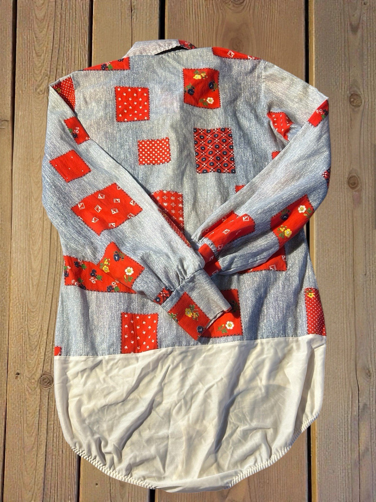 Vintage JCPenney Gaymode Patchwork 70s Bodysuit Shirt Snap Crotch Quilt Look