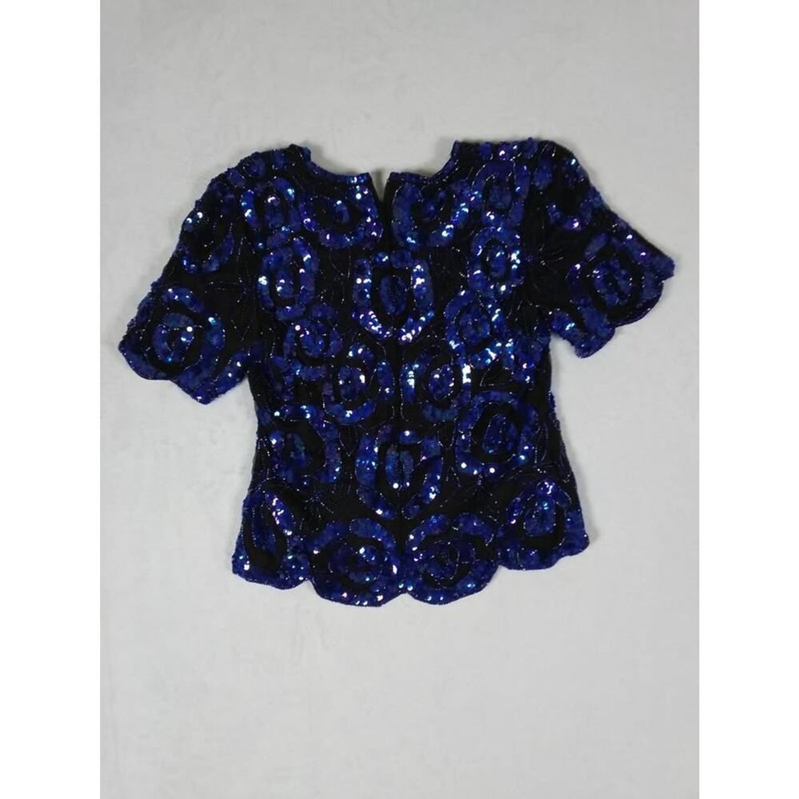 Stenay Vintage Silk Sequin Beaded Evening Top Royal Blue Black Scalloped Hem L