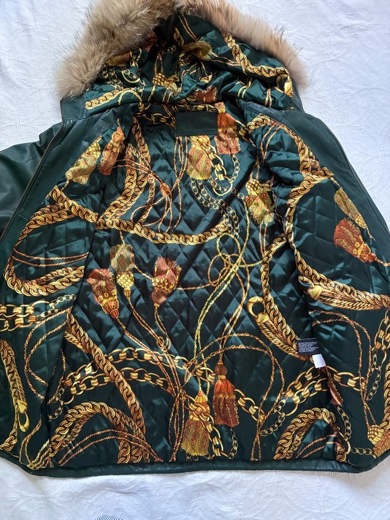 Jacqueline Ferrar Forest Green Leather Parka Coat Women&rsquo;s Large Coyote Fur Hood