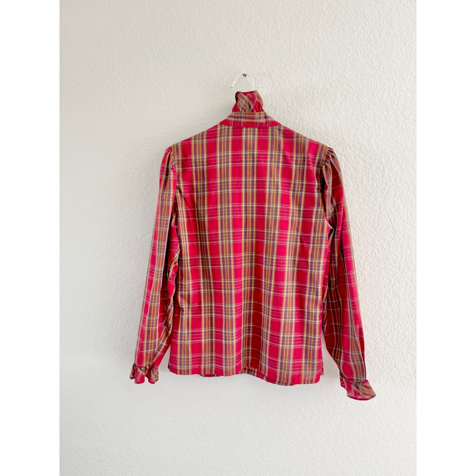 Present Tense Plaid Ruffle Blouse Womens Size M Red Vintage High Neck Victorian