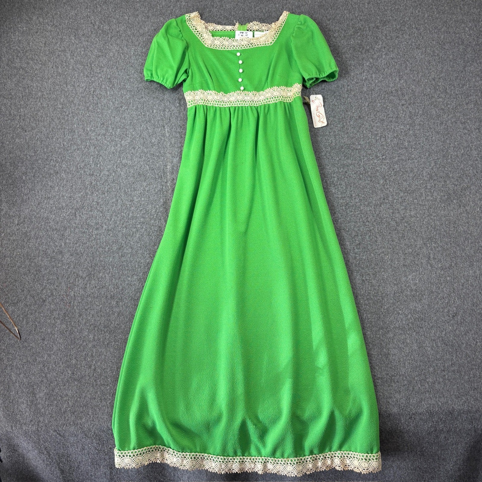 NWT Joni Girl of California Vintage 70s Green Lace Empire Waist Maxi Dress 7