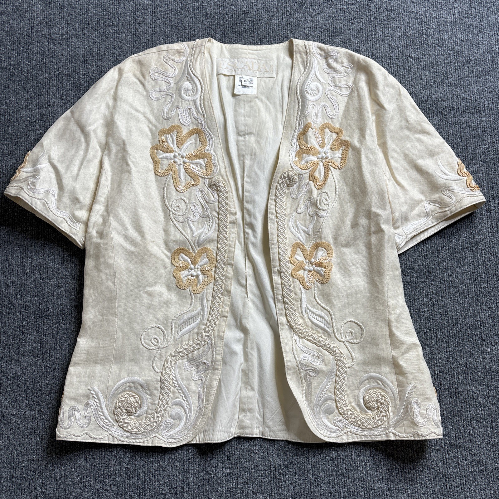 Vtg Escada Margaretha Ley Linen Blazer Women&rsquo;s 40 Embroidered Floral Open Front