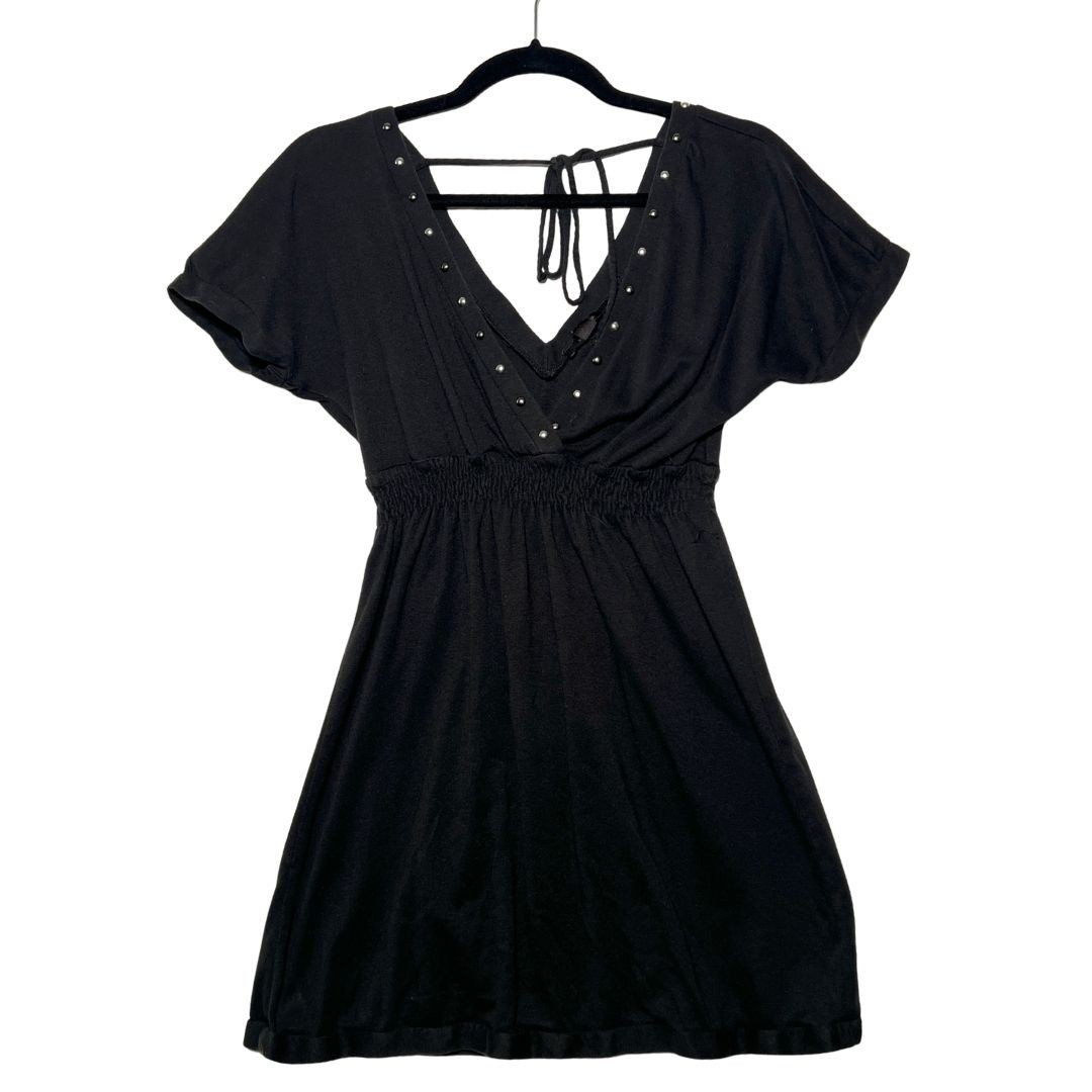 Y2K Express Studded Black Dress M Swim Coverup Tunic Vintage Tie Neck Cotton