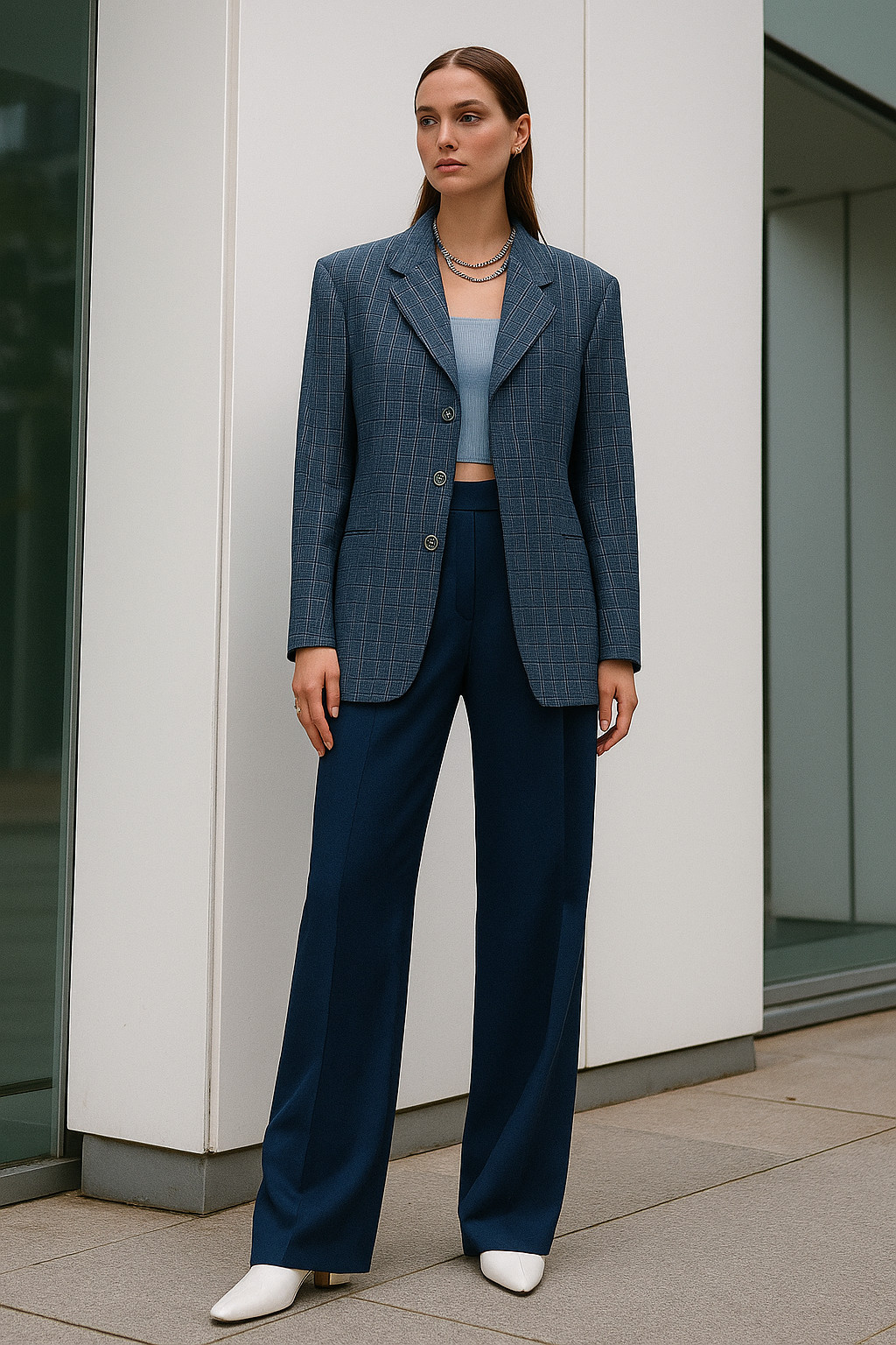 Vintage Escada by Margaretha Ley Blazer 38 Blue Check Wool Silk Silver Buttons