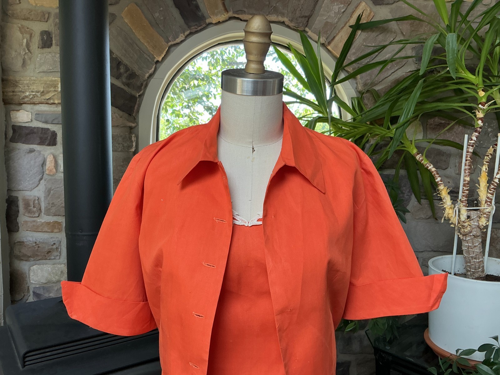 Vintage 1950s Orange Cotton Strapless Dress Matching Waist Jacket Wounded Bird