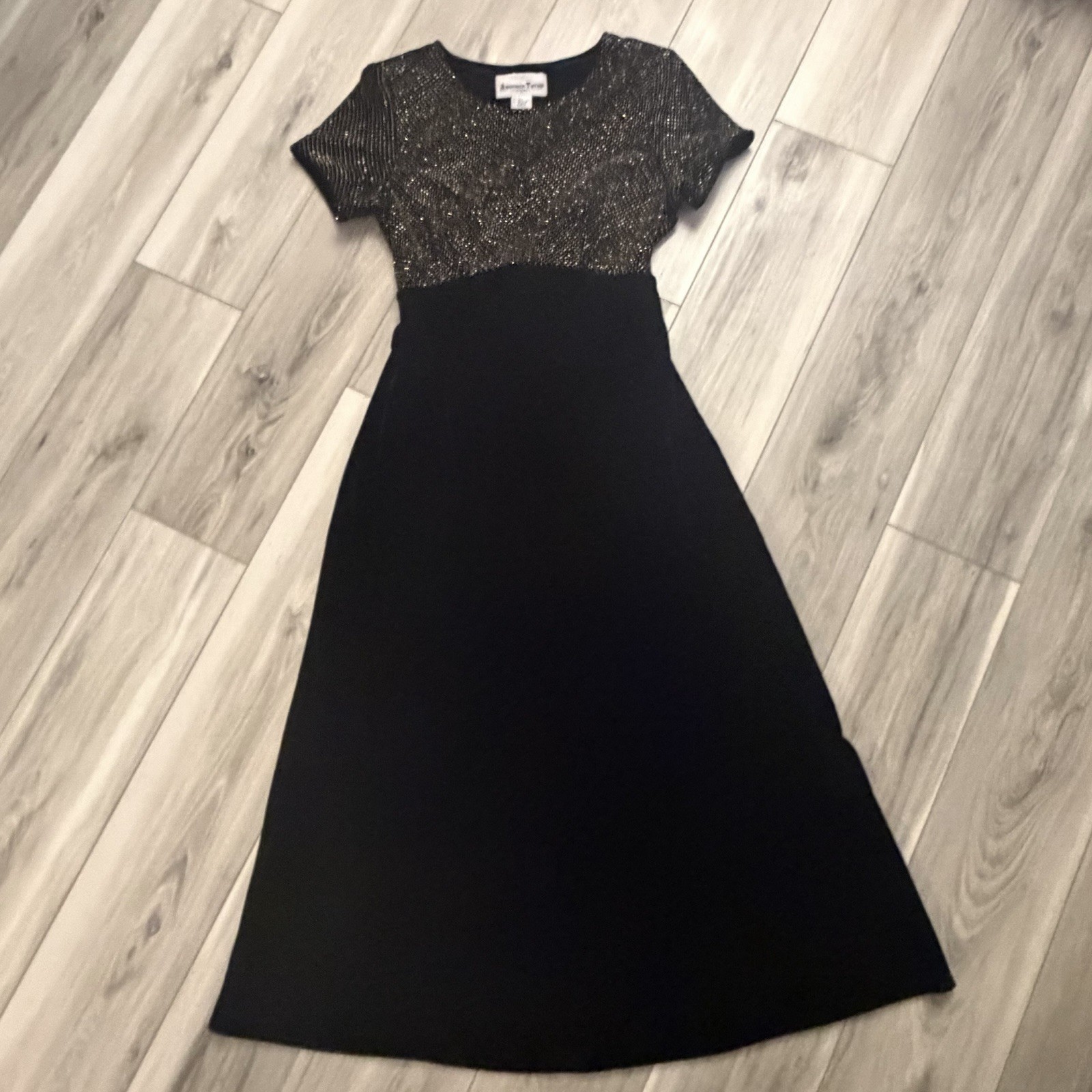 Vintage Another Thyme Black Velvet Maxi Dress Size 14 Gold Glitter Dots Tie Back