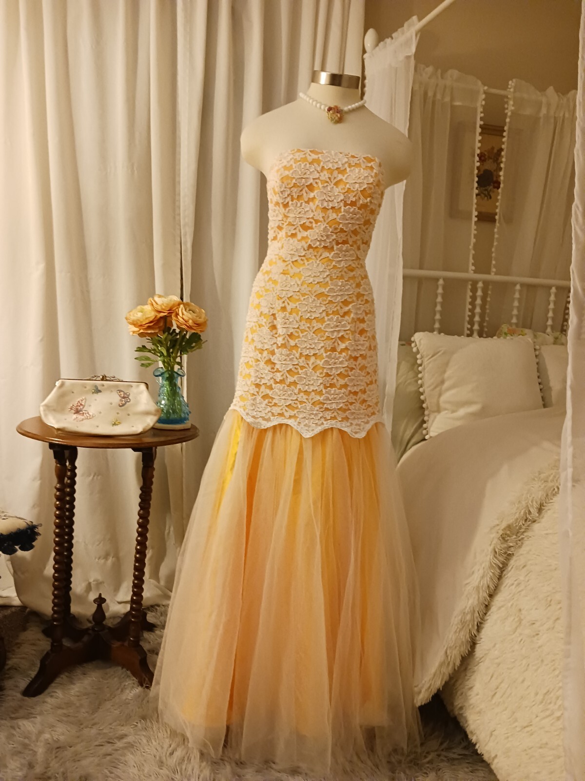Vintage 90s y2k Milano Medium tangerine white lace chiffon Beaded gown Dress M