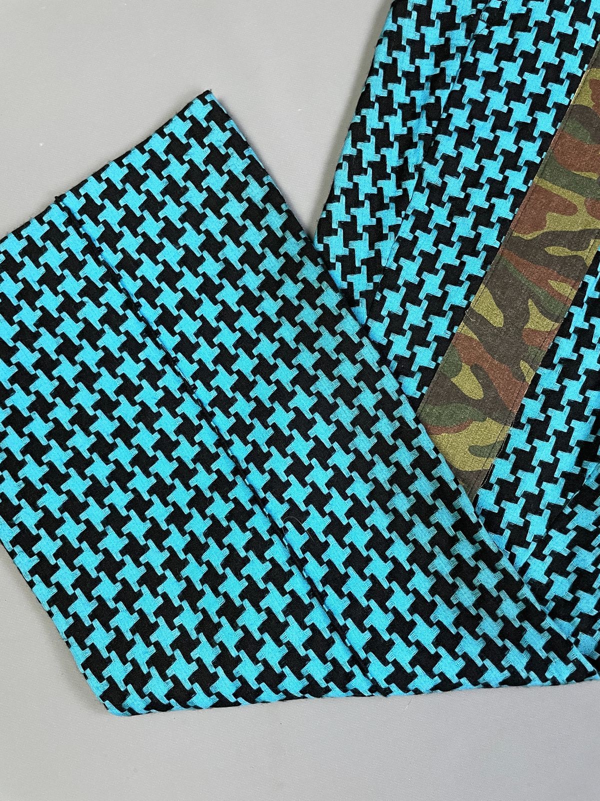 Comme Des Garcon 1990S CHUNKY WOVEN HOUNDSTOOTH & CAMO LIGHT FLARE TROUSERS Blue