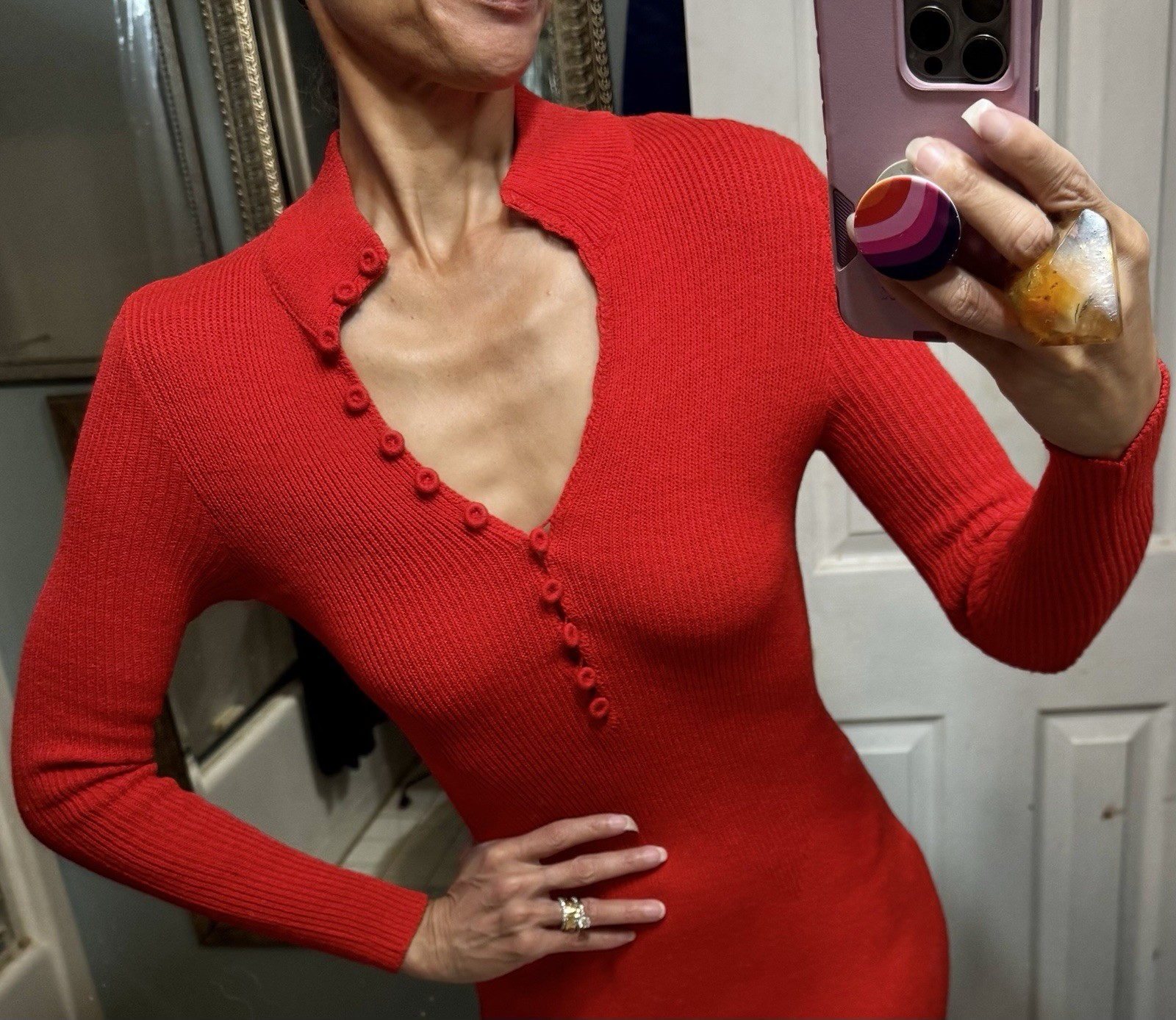 Vtg The Knit Group Stretch Acrylic Sweater Wiggle Dress Fitted Red Skinny Sleeve