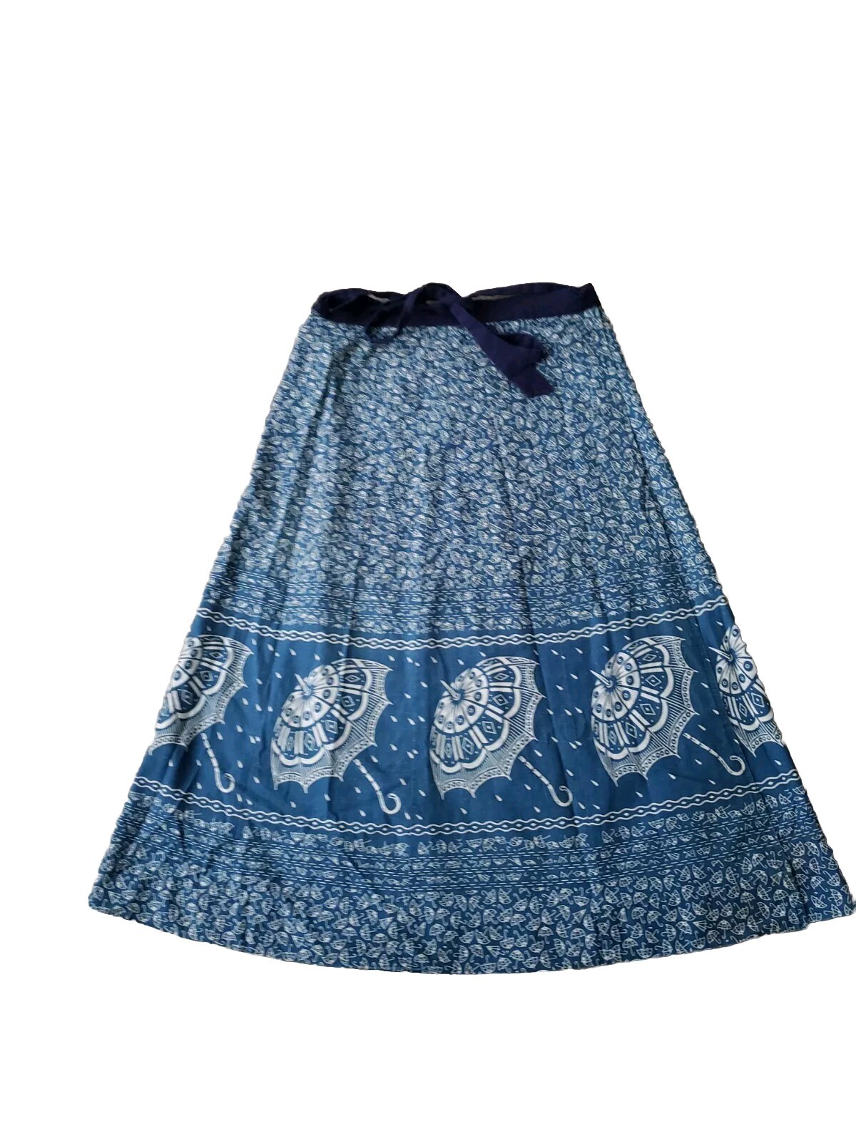 VTG 70s Blue Umbrella Print Wrap Skirt Sz S/M? 27.5&Prime;W Hippie Boho Festival READ