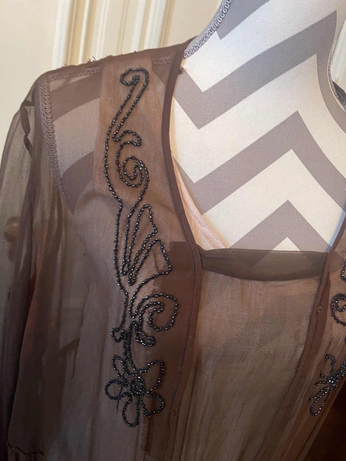 Antique 1920s Brown Chiffon Crepe Flapper Dress Art Deco Black Beading