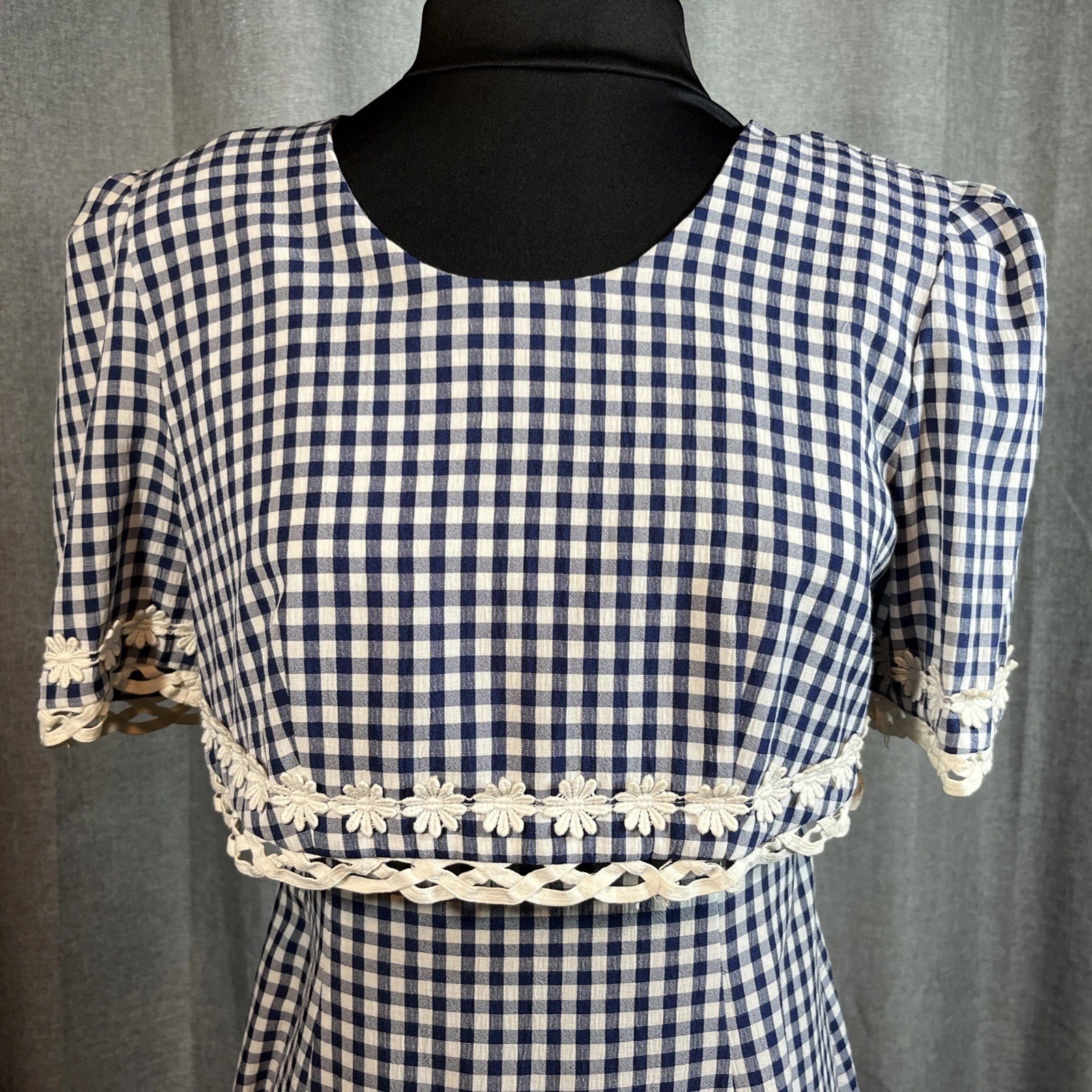 Vintage 1990s Navy White Gingham Cottagecore Prairiecore Dress – 4