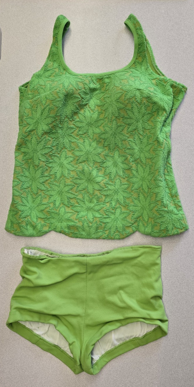 VTG Catalina 1960s Green Floral Print 2 Pc Swimsuit SZ 14 Pin Up Hollywood Mod