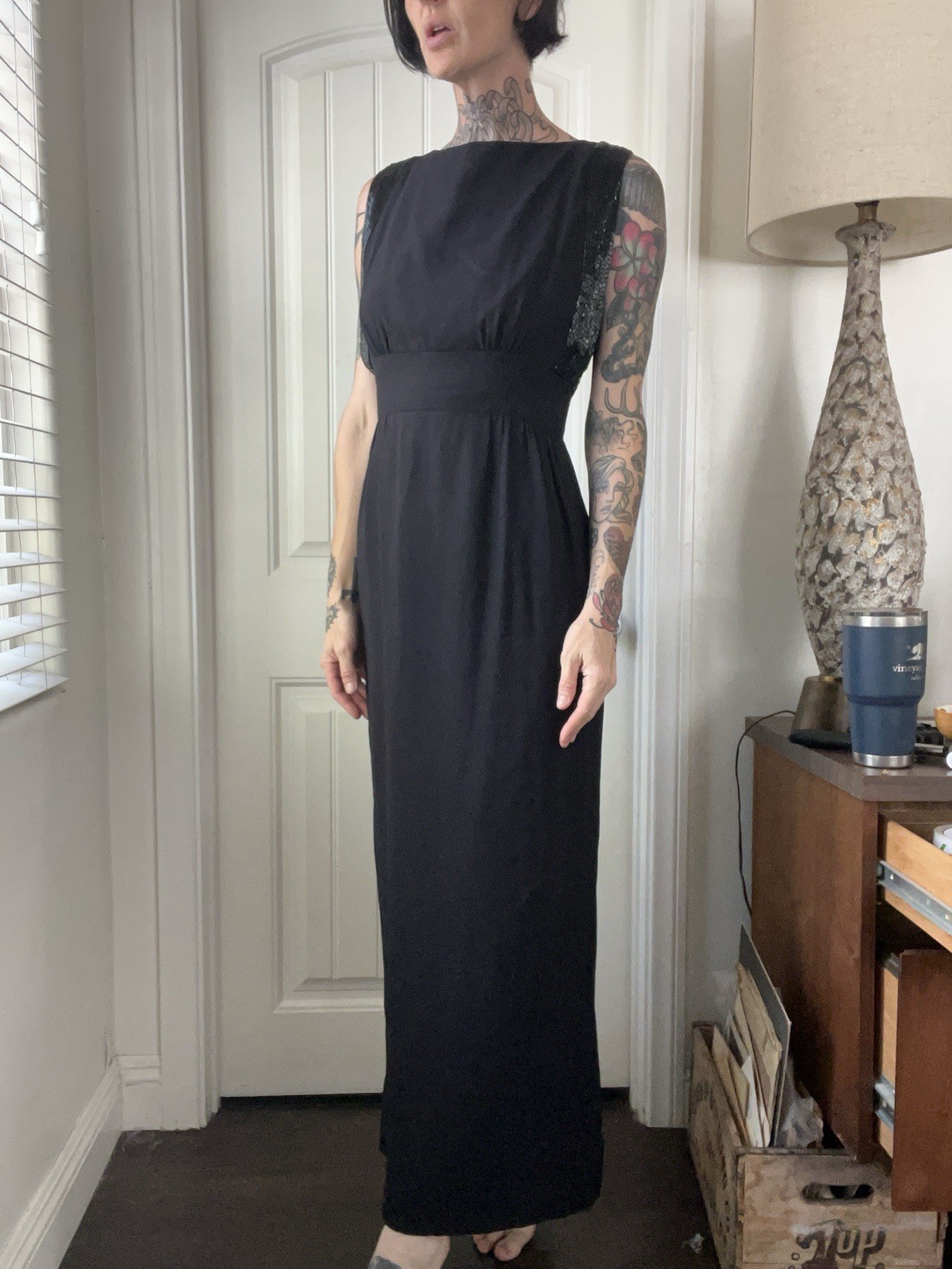 Vtg 40s Frank Star Original Cocktail Dress w Beaded Trim Old Hollywood Glamour M