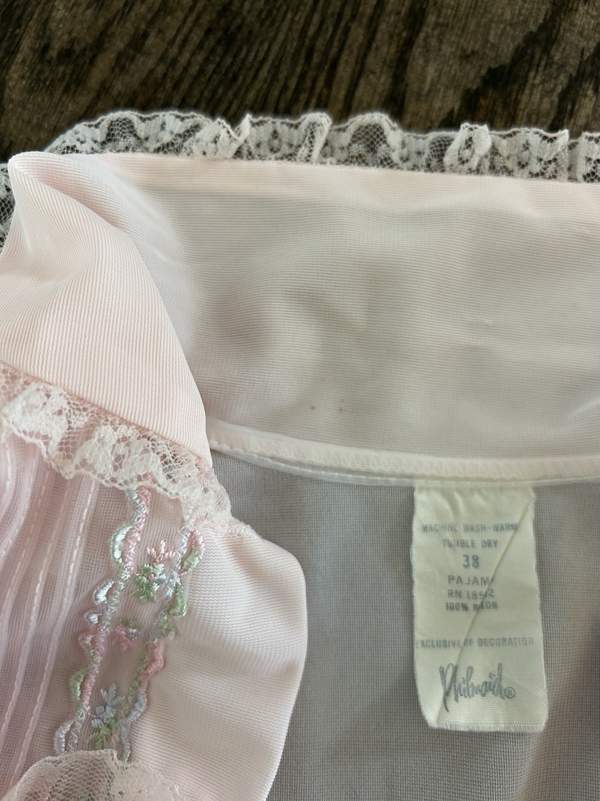 VTG Phil-Maid Pink Sheer Button Up Sleep Shirt Embroidery Nylon Sz 38 Feminine