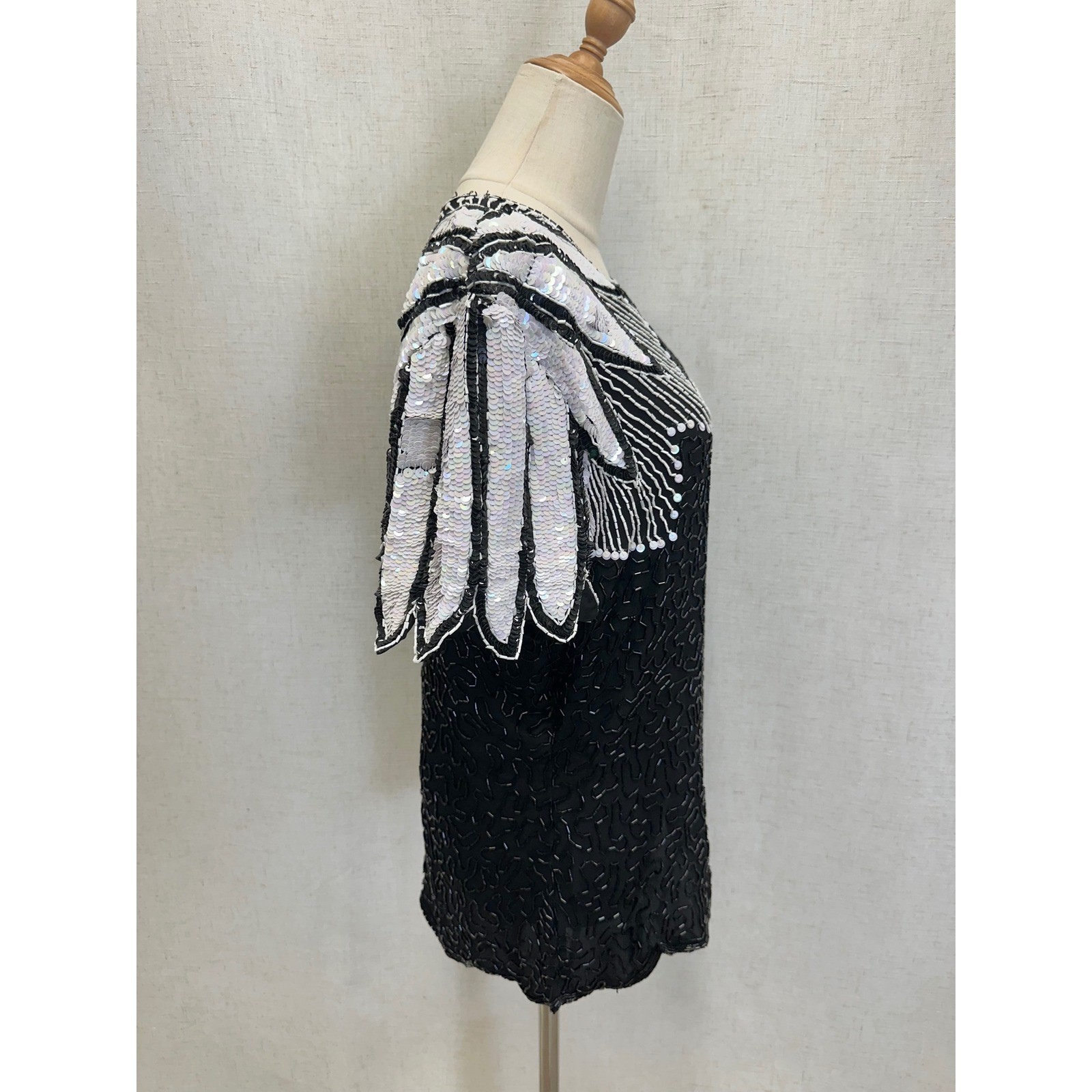 Stenay 100% Silk Beaded Sequin Black White Top Womens 14 Vintage Evening Blouse
