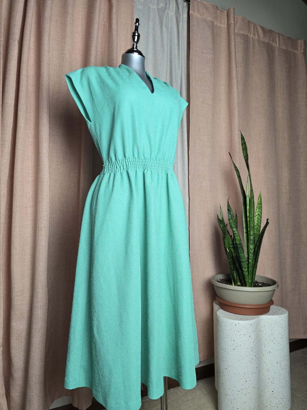 1960s / 70&rsquo;s Vintage Midi Dress, Short Sleeve Blue/green Teal, Fits Like M-L