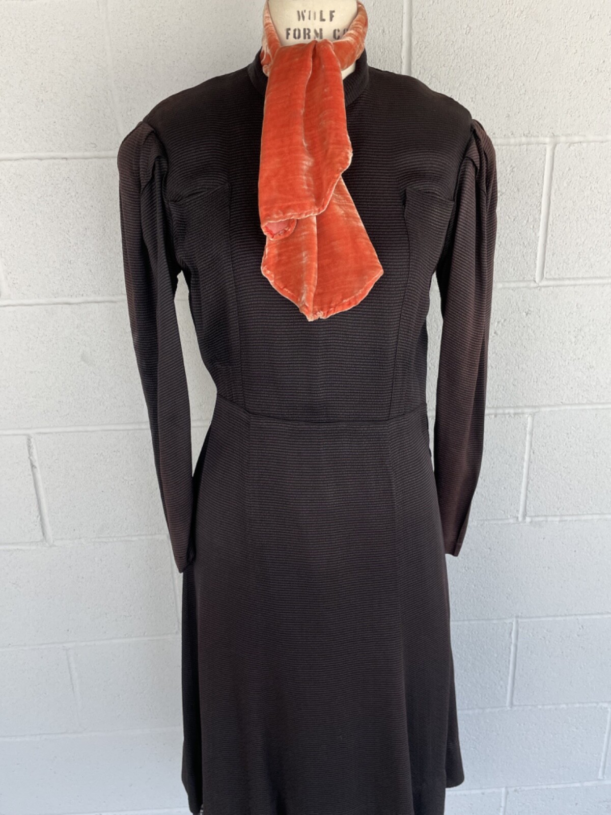 Vintage 1930&rsquo;s Black satin faille Dress w/coral velvet scarf and carved buttons