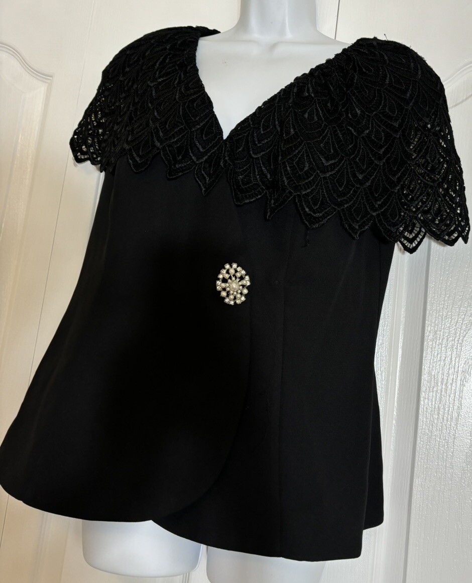 Vtg Cachet Bari Protas black Short Sleeve blazer lace collar shoulder pads sz 10