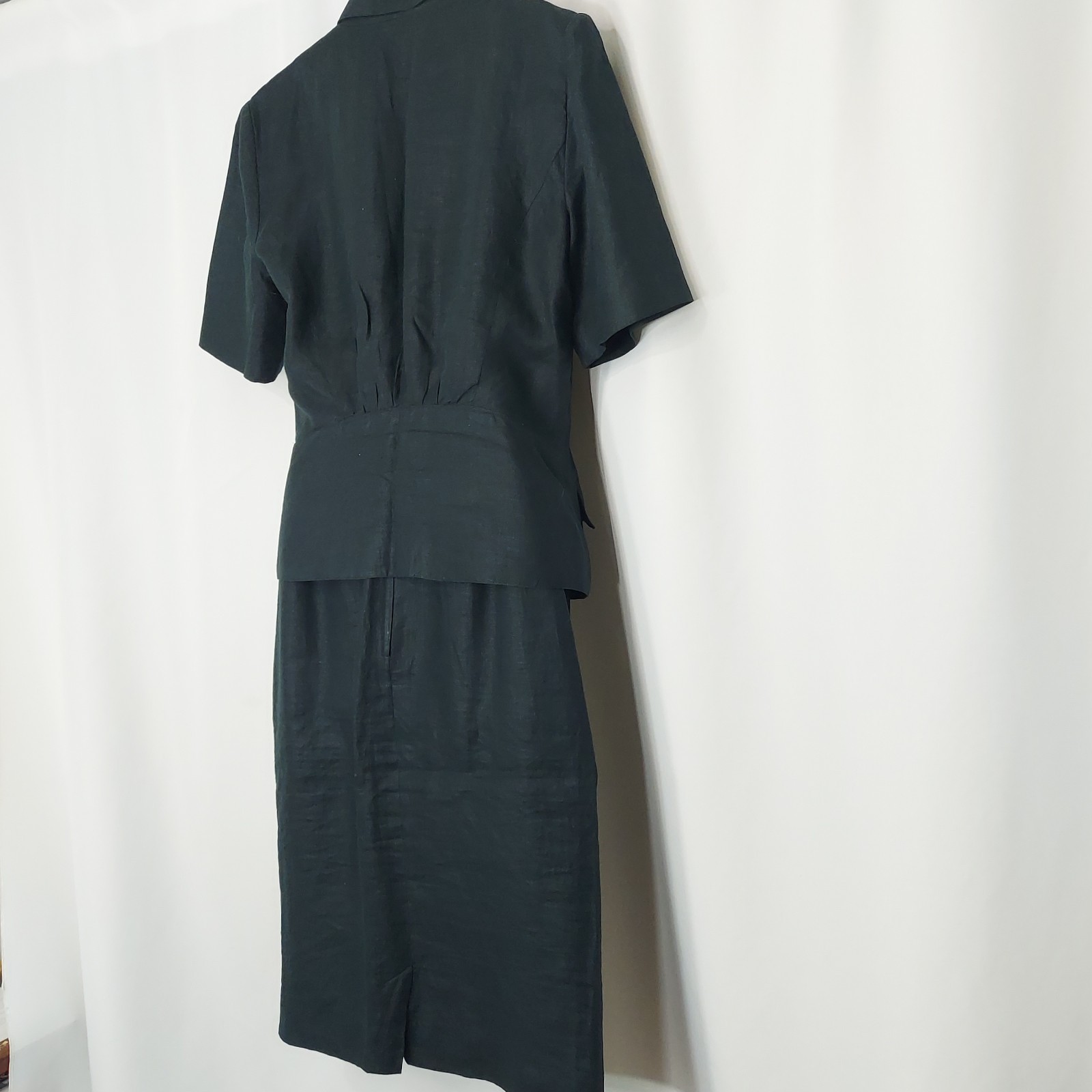 Linen Suit Double Breasted Jacket Blazer Pencil Skirt Off Black Green Vintage