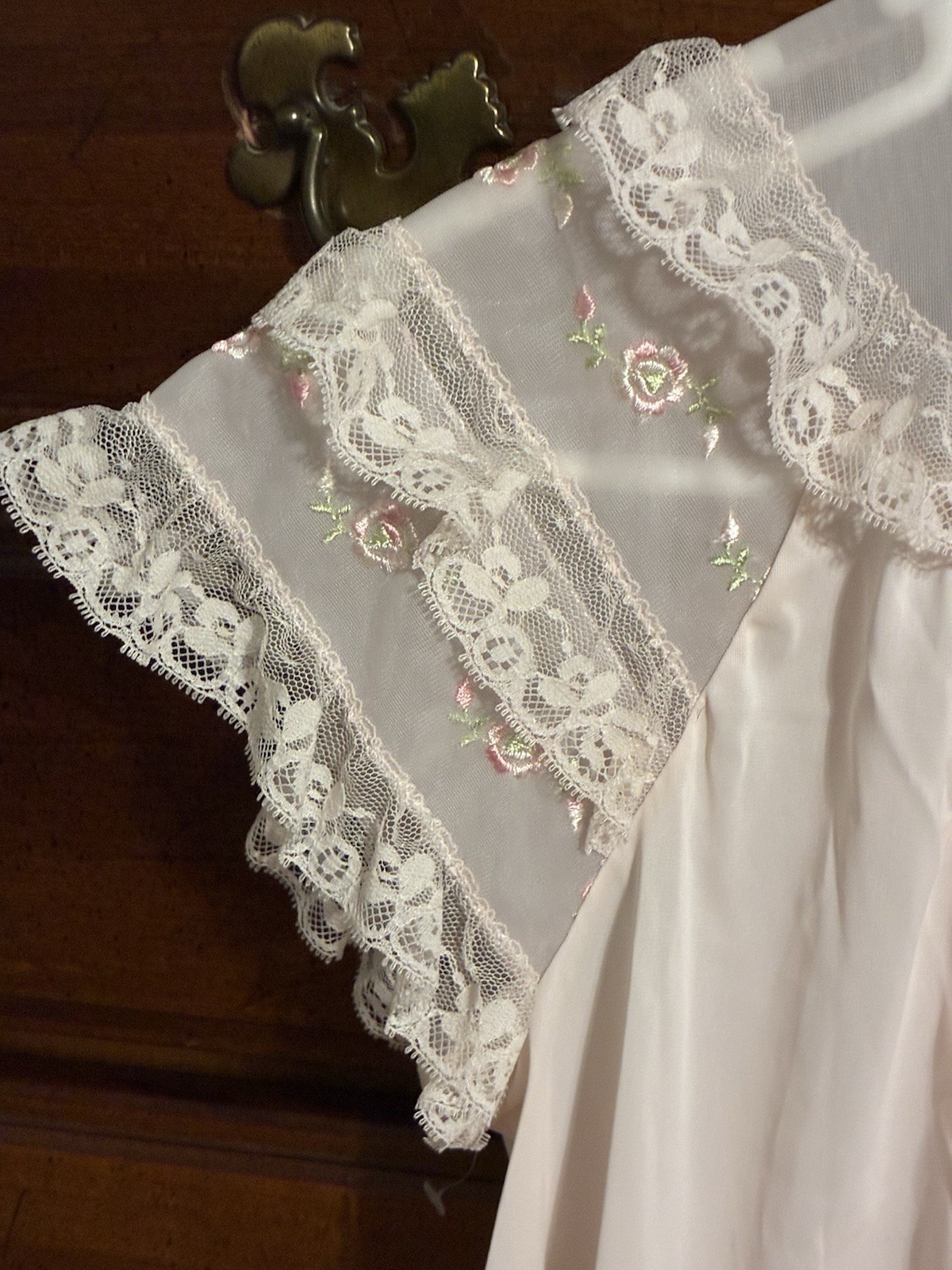 Vintage Shadowline Petites Pink Nylon Lace Button Front Nightgown Pocket