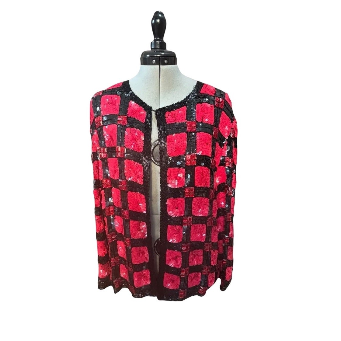 Vintage 80s Frank Usher Sequin Jacket Red Black Check Glam Evening Blazer L