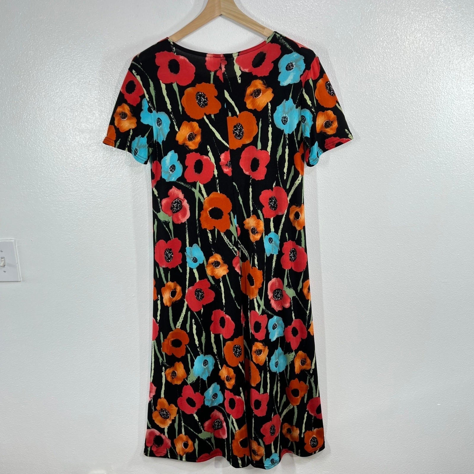 Vtg. Jostar Poppy Floral Travel Maxi Dress Slinky Stretch Knit Short Sleeve USA