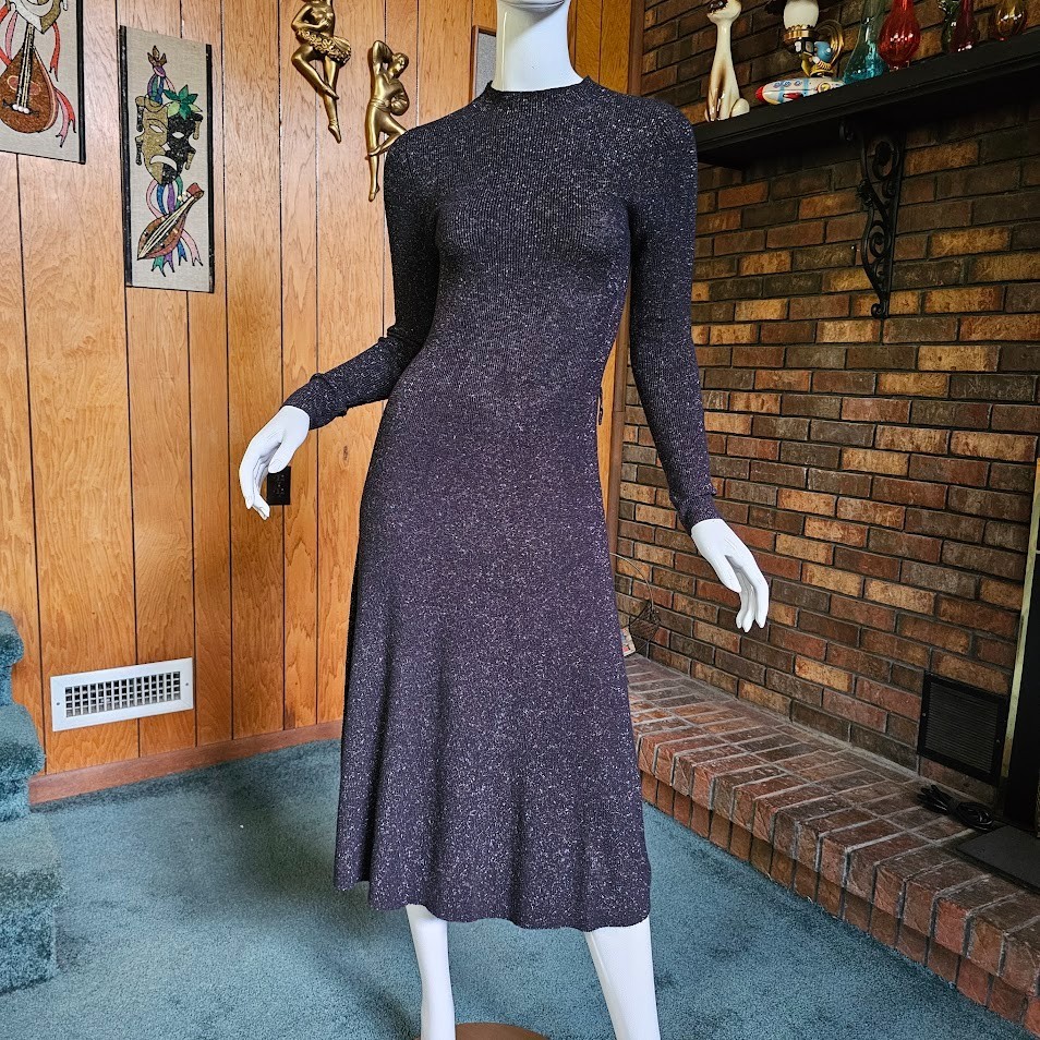 Vtg 80s Rainbow Glitter Goth Starry Night Metallic Knit Midi Party Emo Dress S