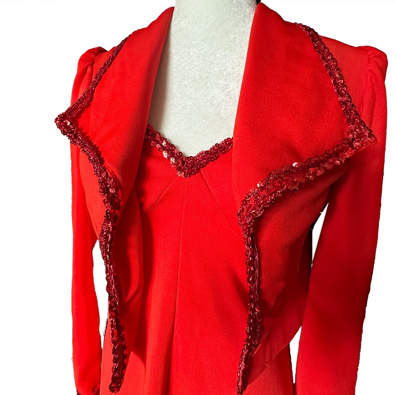 Vintage 1970s Red Max Sequini Evening Dress & Bolero Jacket Empire Waist Small