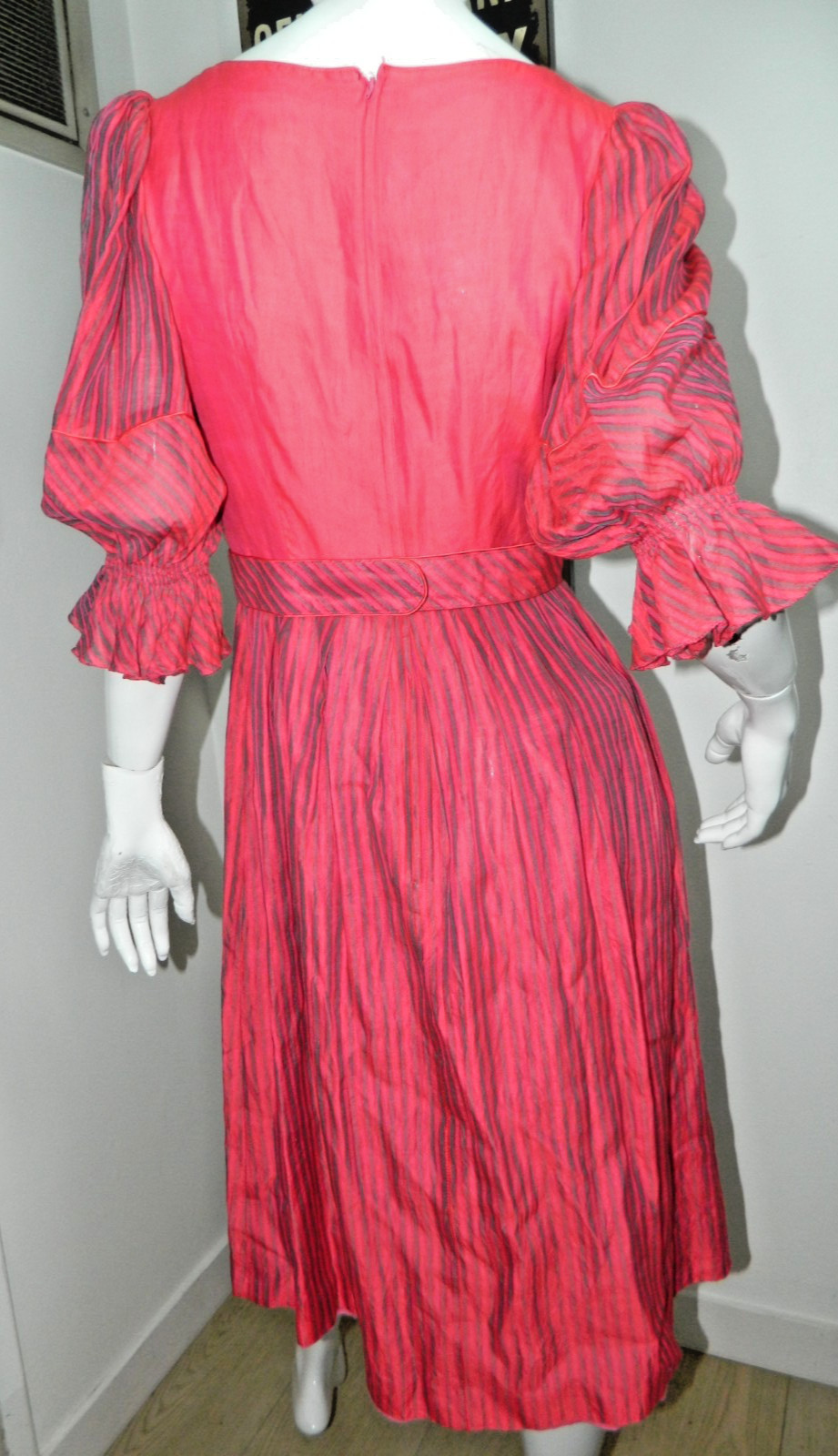 Hardy Amies Dress Size Small Vintage 1950’s Pink Stripes Puffy Sleeves Belted