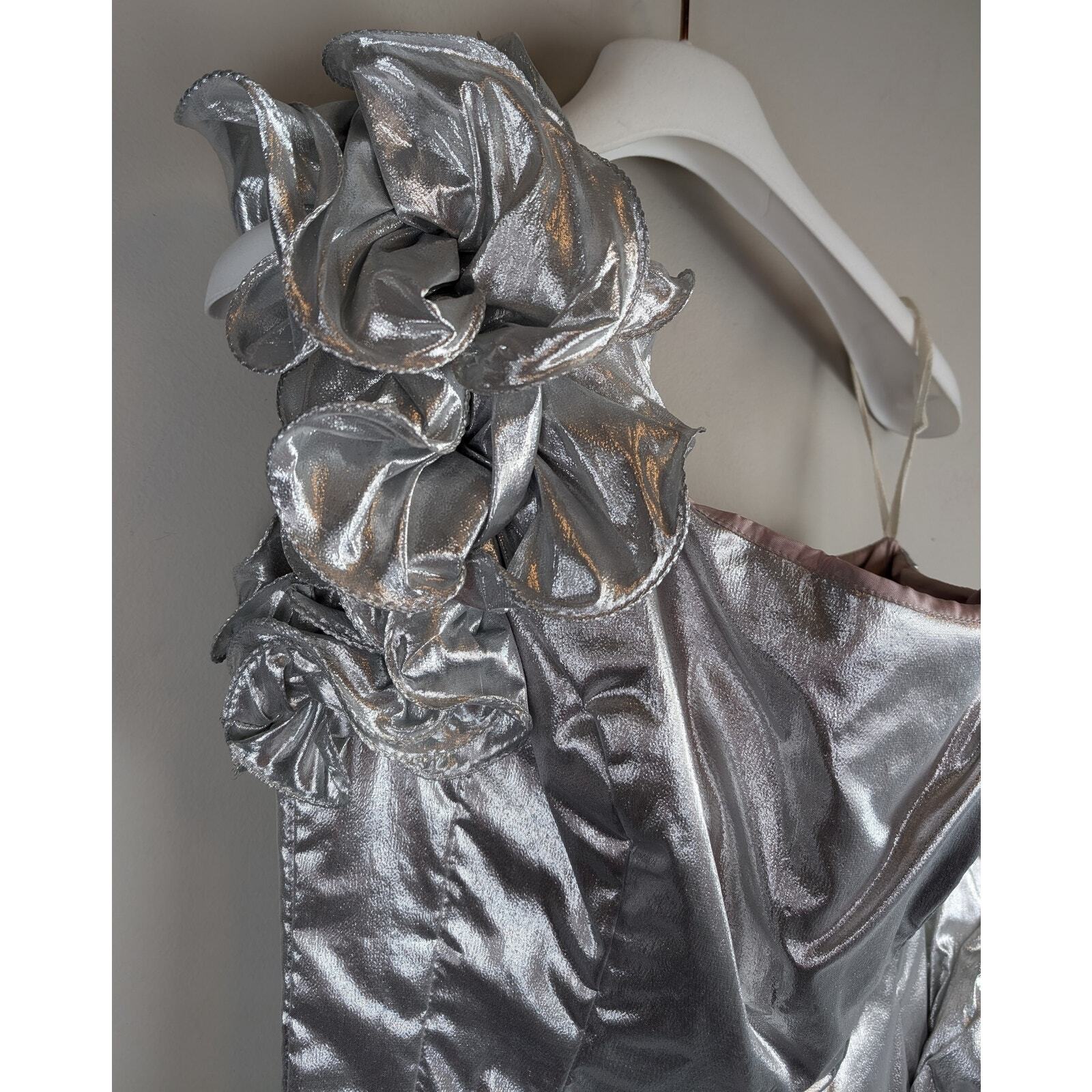 NWT Vtg Mike Benet Formals Ruffle One Shoulder Column Dress Metallic Silver 10
