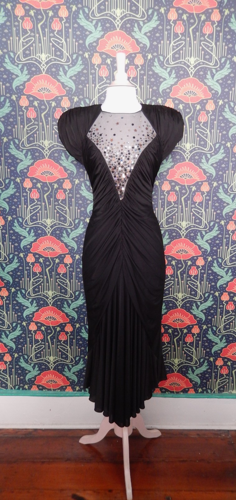 Vintage 80&rsquo;s Casadei Black Sequin Draped Party Cocktail Dress