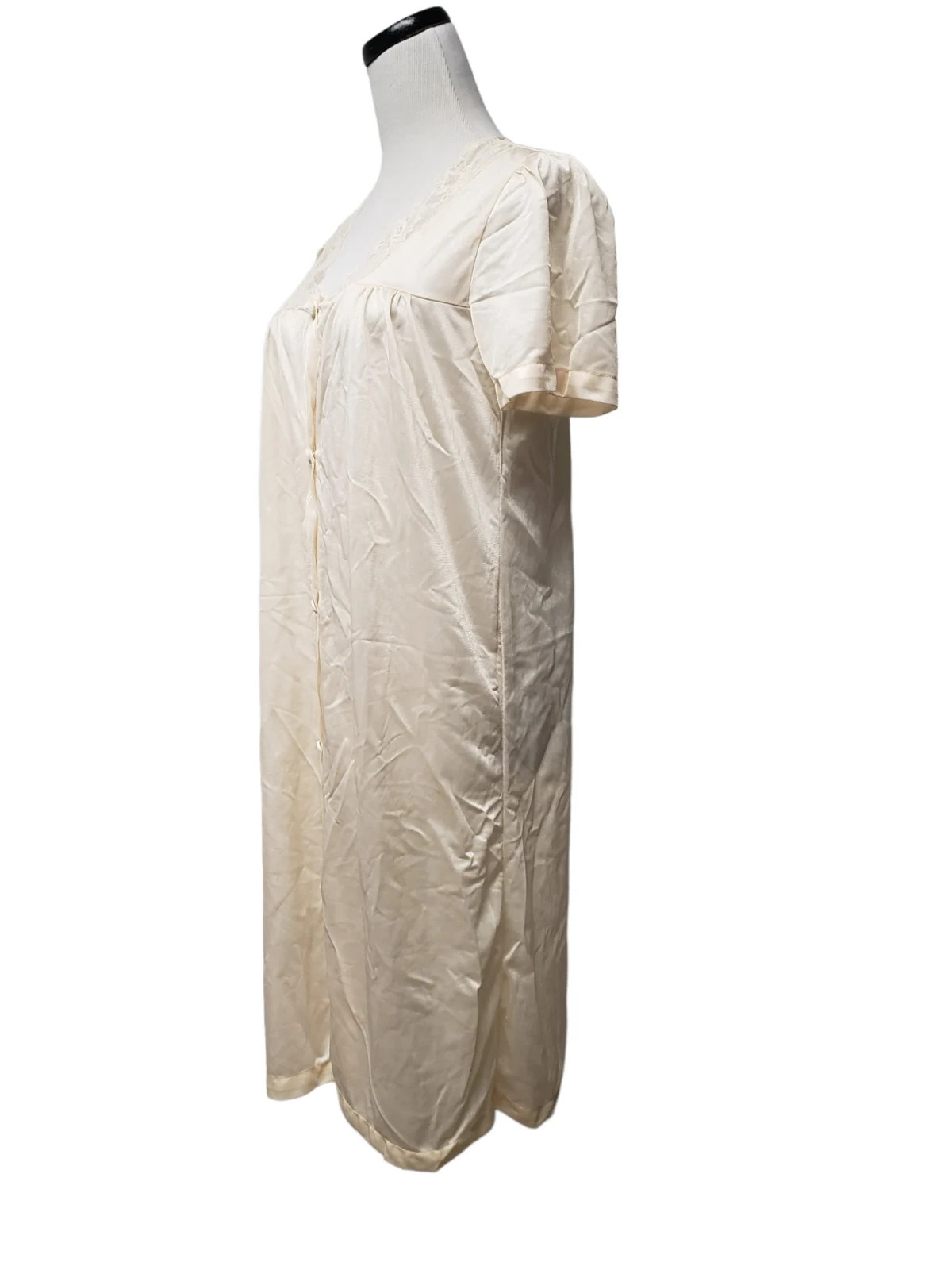 light peach nylon lace trimmed short robe . fits like S to M