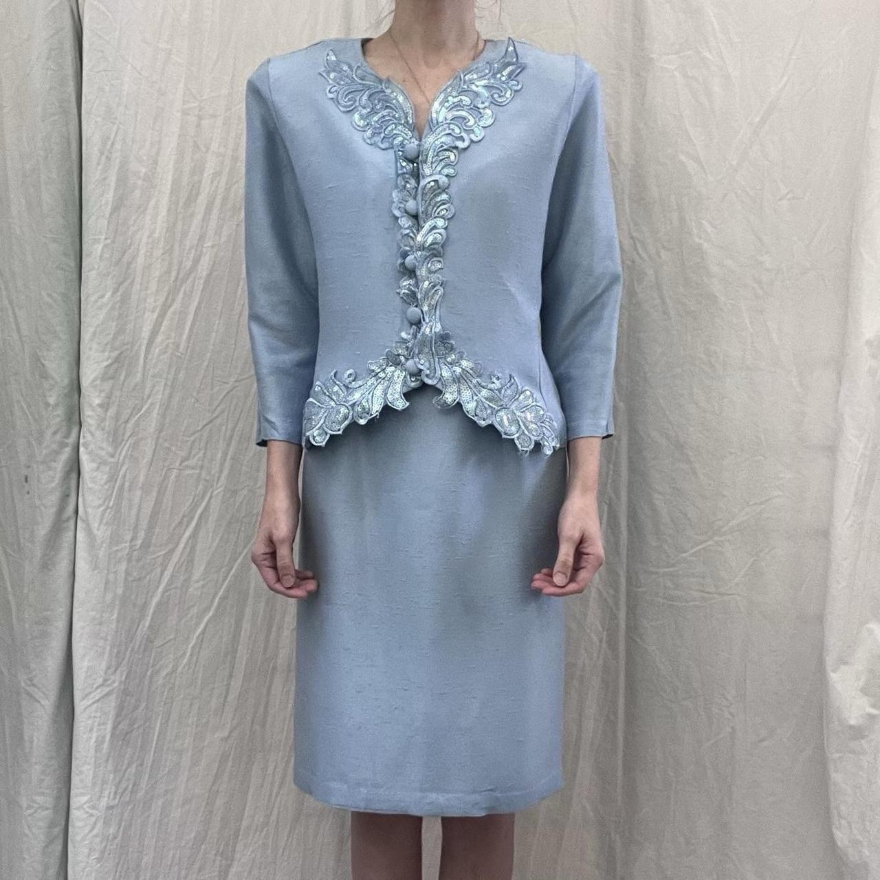 Powder Blue Shantung Skirt And Sequined Jacket Set Vintage 80s Size S/M Zeeba NY