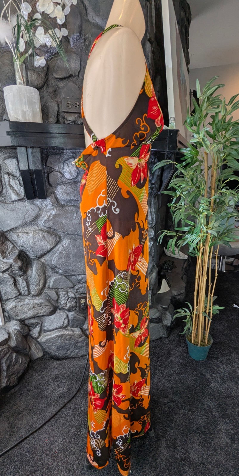 Vintage 1970s Jonathan Logan Halter Maxi Dress Hawaiian Floral Poly Knit Size XS