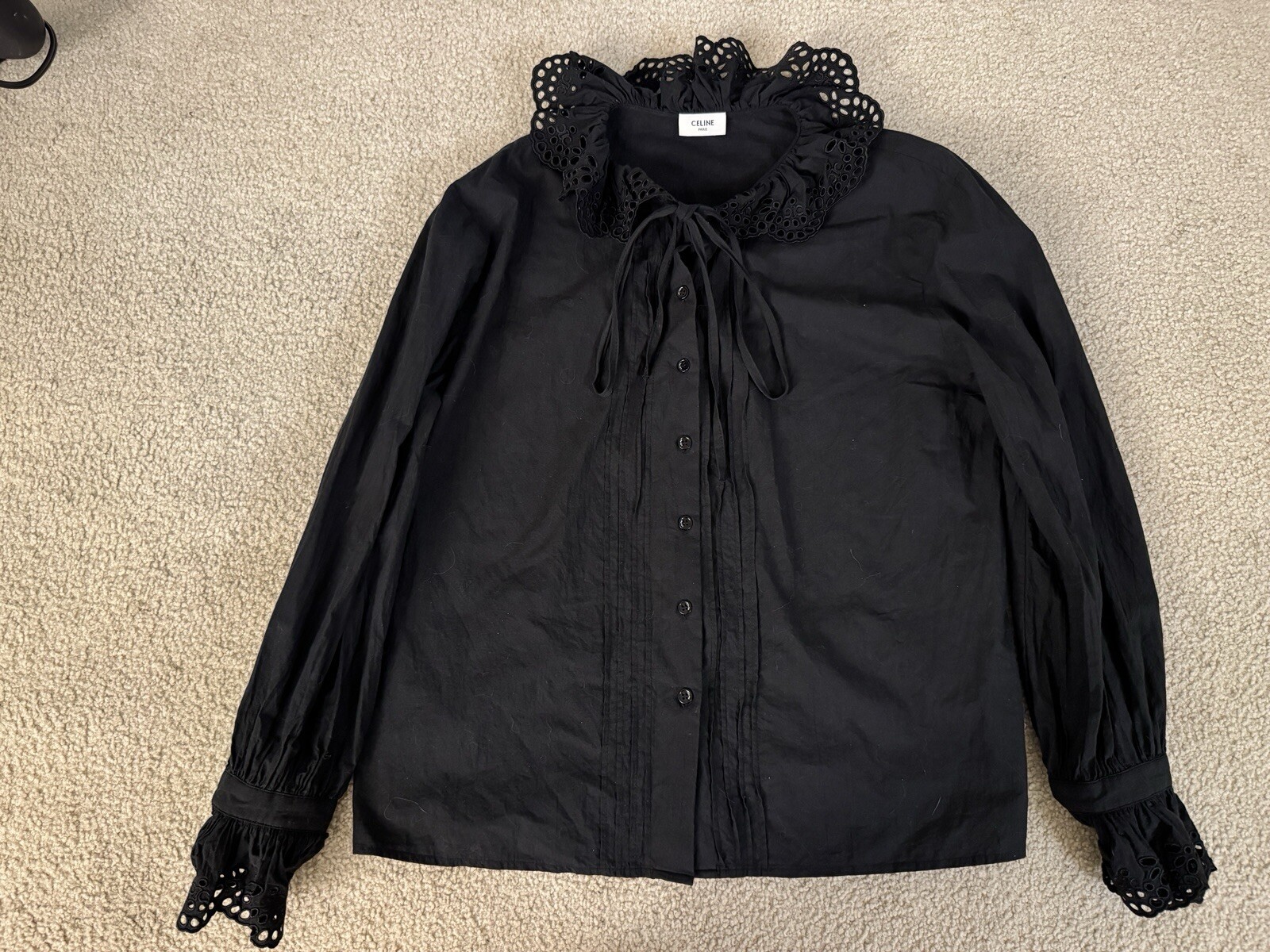 CELINE Women’s Black Lace Botton 100% Cotton Blouse Size 170/88A Authentic