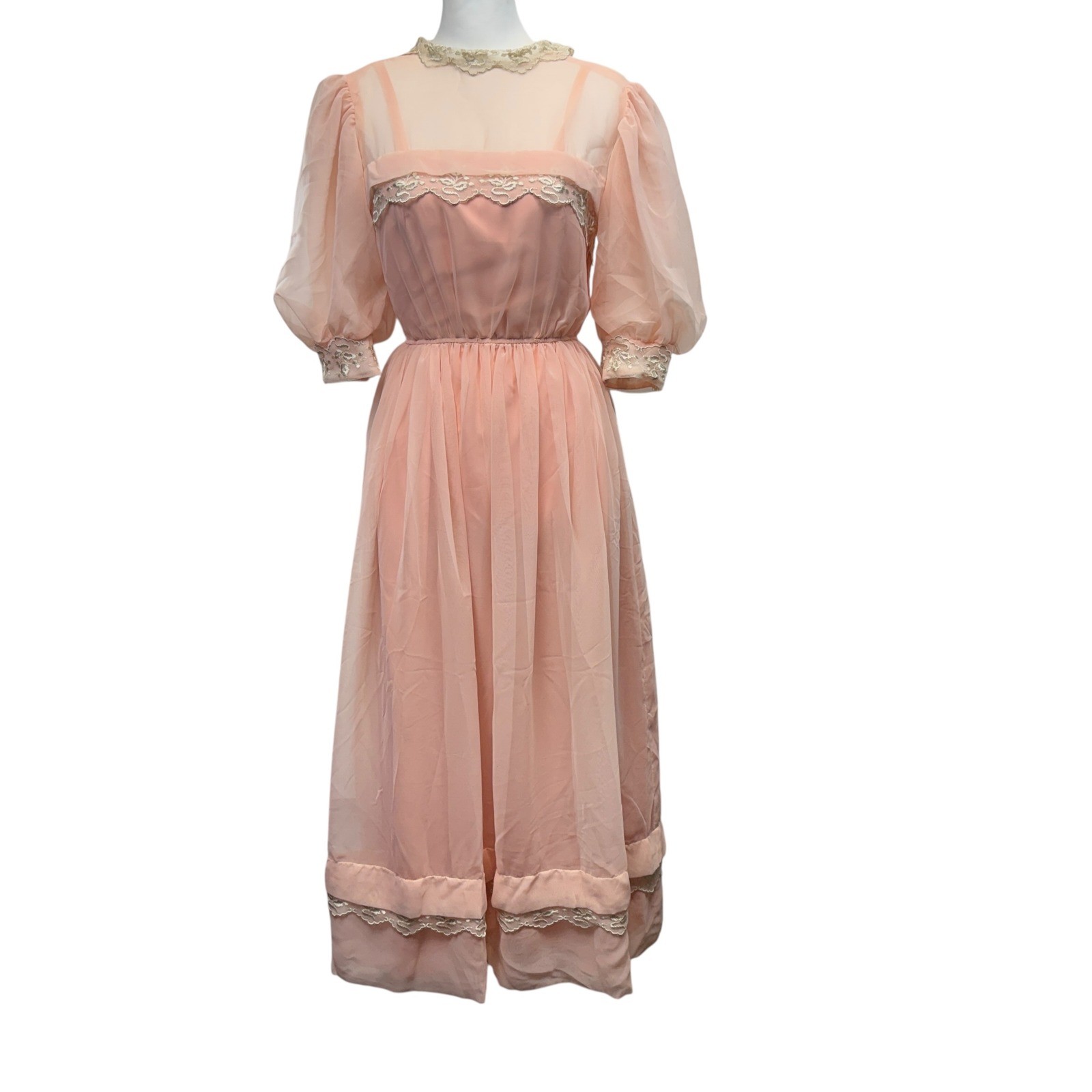 Vintage Peach Chiffon Lace Midi Dress Size XS Puff Sleeve Regency Core Pink Gown
