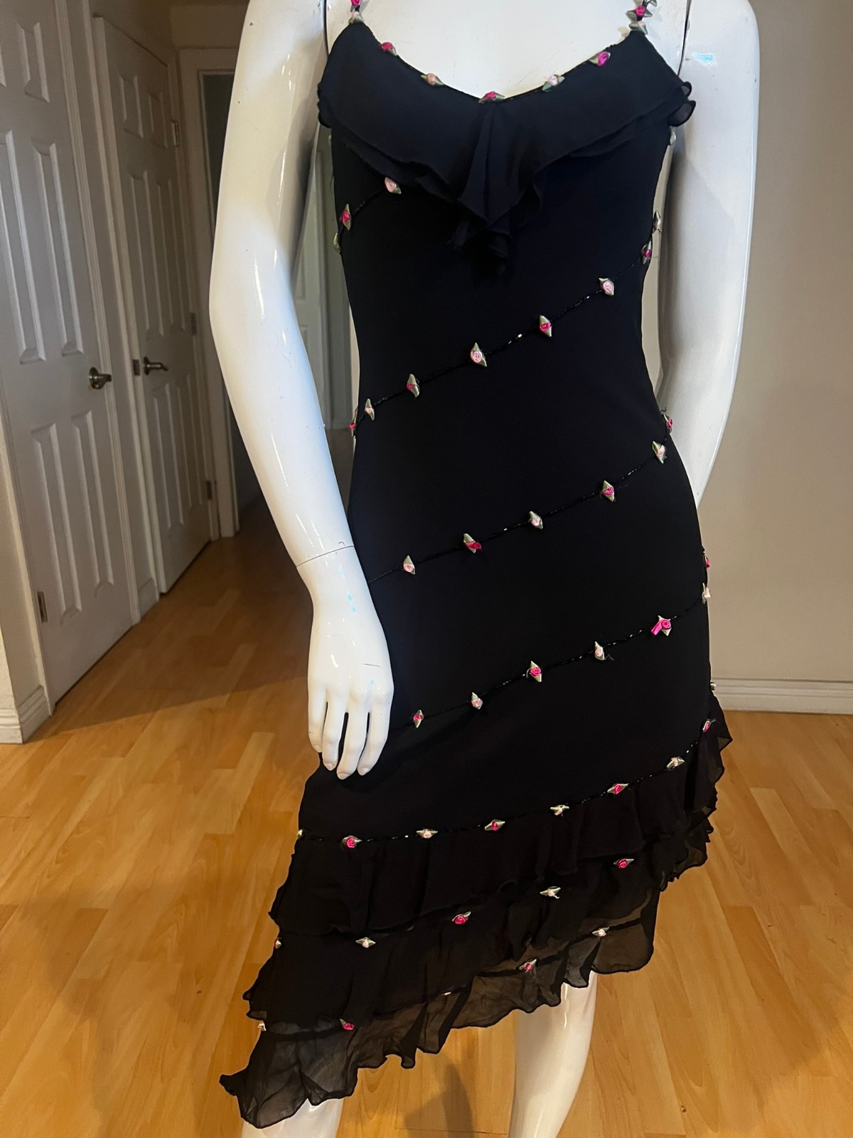 VINTAGE 90&rsquo;S Y2K CACHE BEADED SILK ROSETTE ASYMMETRICAL DRESS SZ 4 FAIRY GRUNGE